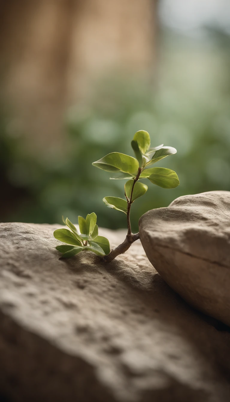 best quality, high resolution photograph, cinematic photo, a rock surface next to a small wooden branch, indoor, blurred plant obstacle, pastel colored wall background, soft lighting
