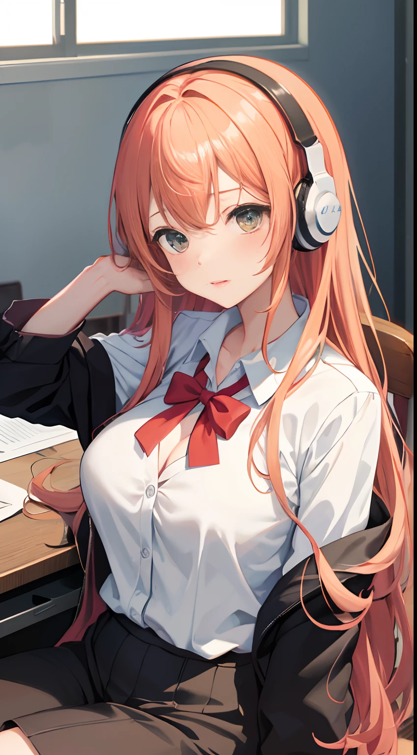 (masterpiece, high quality, high res), Nakano Miku (quintessential quintuplets), brown messy hair, headphones, face palm,sitting on office chair desk,shrugged face, detailed face,unbuttoned shirt,slightly visible cleavage,hot atmosphere,classic office background,transparent large windows, anime version, extremely detailed, UHD, 4k, 8k, award-winning, sharp focus, anime version, blush