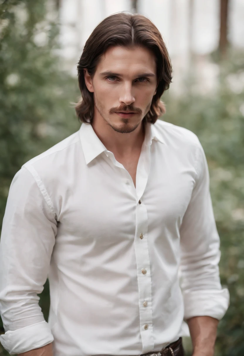 Full-body shot of a noble male in with 25 years old, inspired by Christian Bale, white shirt, with russian mafia tattos, dark brown very long straight hair, bright silvery grey eyes and pale white smooth skin, ultra sharp focus, realistic shot, in royal garden setting
