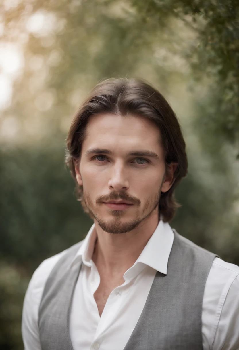 Full-body shot of a noble male in with 25 years old, inspired by Christian Bale, white shirt, with russian mafia tattos, dark brown very long straight hair, bright silvery grey eyes and pale white smooth skin, ultra sharp focus, realistic shot, in royal garden setting