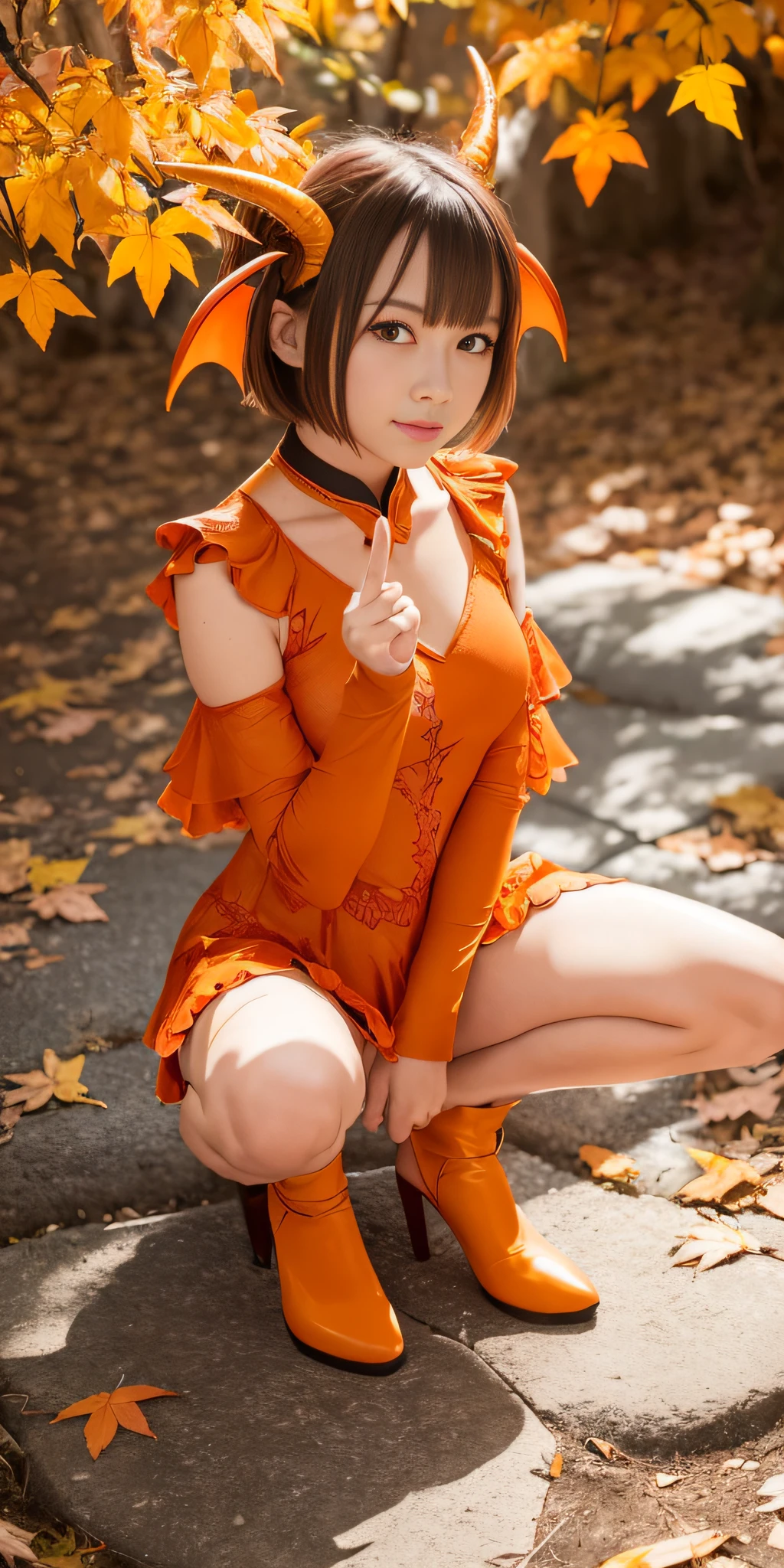 (dragon wings:1.1), (orange wings:1.1), 1 orange dragon girl, spessartine garnet eyes, (dragon tail:1.1), horns, short hair, grin, dragon costume, bare shoulders, 50% miniskirt, thighhighs, squatting, peace sign, hand on own knee, autumn leaves, dappled sunlight, sharp focus, depth of field, cowboy shot, looking at viewer, from above, (intricate:1.1), (orange theme:1.1), (orange tone:1.1), (red tone:0.9), (gold tone:0.6), illustration, ((((invisible clothing))))