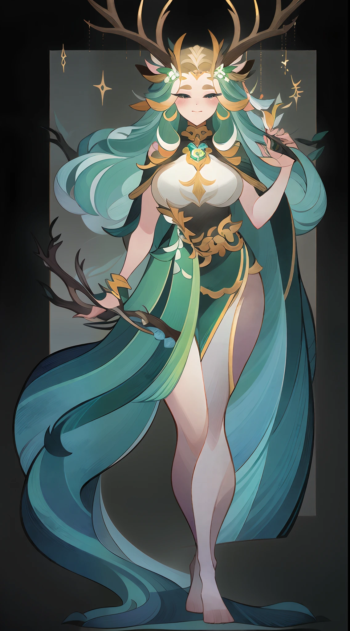 1个Giant Breast Girl，a druid，green color，deer antlers，standing full-body，独奏，Clear facial features，Simple line design，Transparent black background，Standing drawings of characters，fantasy concept art，(tmasterpiece，top Quority，best qualtiy，超高分辨率，Clear facial features，beautidful eyes，beauitful face)，(((独奏))), ((very simple background)), ((flatcolors))