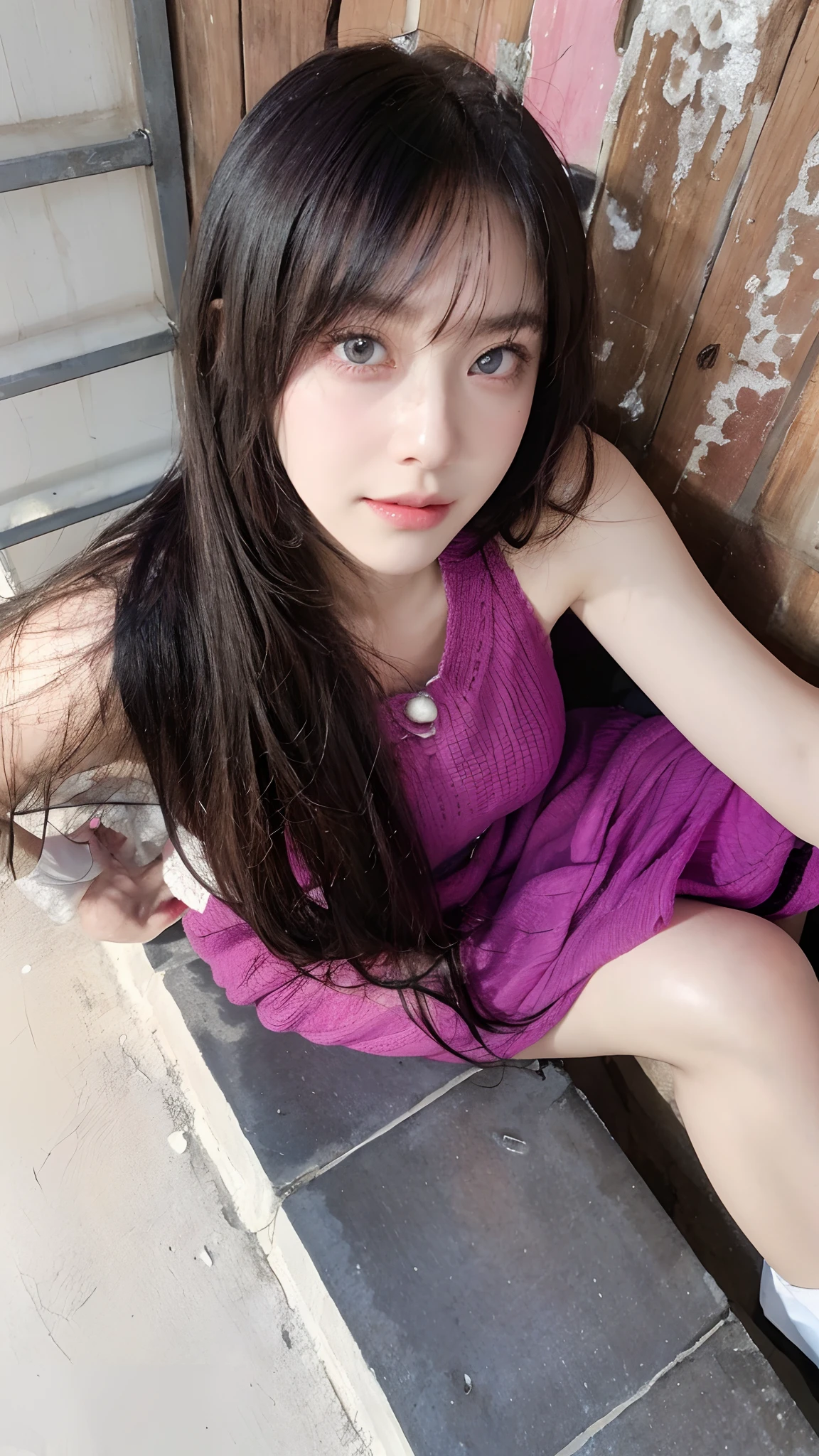 Top quality, Masterpiece, 超高分辨率, (Realistic, : 1.4), Original photo, (True skin texture: 1.3), (filmgrain: 1.3), in a panoramic view, Portrait, Very wide lens, Narrow waist, cowboy lens, (bangs, Inconspicuous, Cold light,) Night, Close-up, Tears, Short hair, neck long, ears sticking out, bangs, Big eyes, Brightly Colored Eyes, In the house, Dust, Tindall effect, (Facial expression), Sitting, (hitting a wall), Crying, Frowning, (Looking down), Nervousness, Tears, smiling happily
one girl, eyes and face with beautiful details, White jabot, pink dark V, Brown eyes,