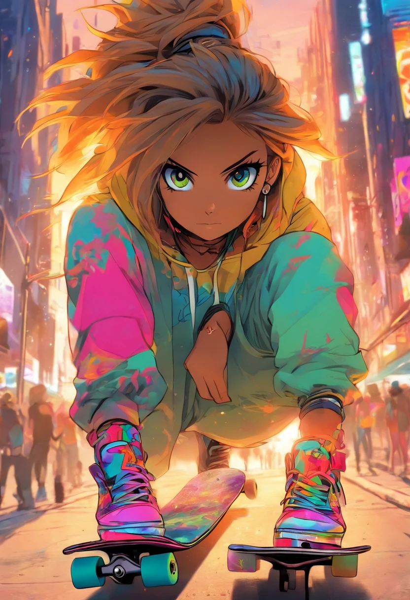 La fille de skateboard la plus belle et la plus sexy, cheveux de couleur arc-en-ciel, yeux jaunes, wear a hoodie, T-shirt graphique, Ripped skinny jeans and highly detailed skateboarding gear, Des tonnes de tatouages et de piercings, very detailed background, Perfect masterpiece, High quality, High resolution