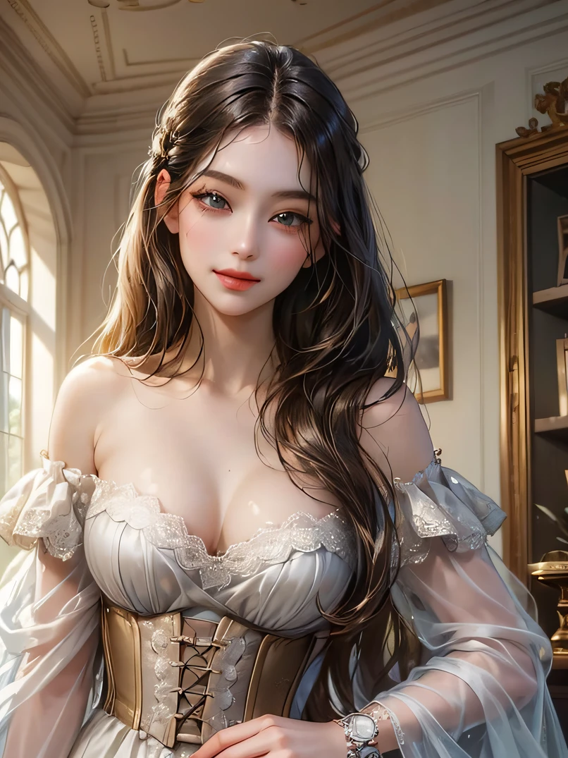 ((top-quality、masuter piece:1.3))、超A high resolution、(The best illustrations)、1 female、a beauty girl:1.3、4/5 shots、Straight hairstyle、A dark-haired、glistning skin、lightsmile、closes mouth、爆乳、Off-shoulder see-through white long dress、hyperdetailed face、A detailed eye、Detailed hand、watching at viewers、in a house、Luxurious rooms of the court、Highly detailed facial and skin texture、Focus on the face、A detailed eye、Detailed hand depiction