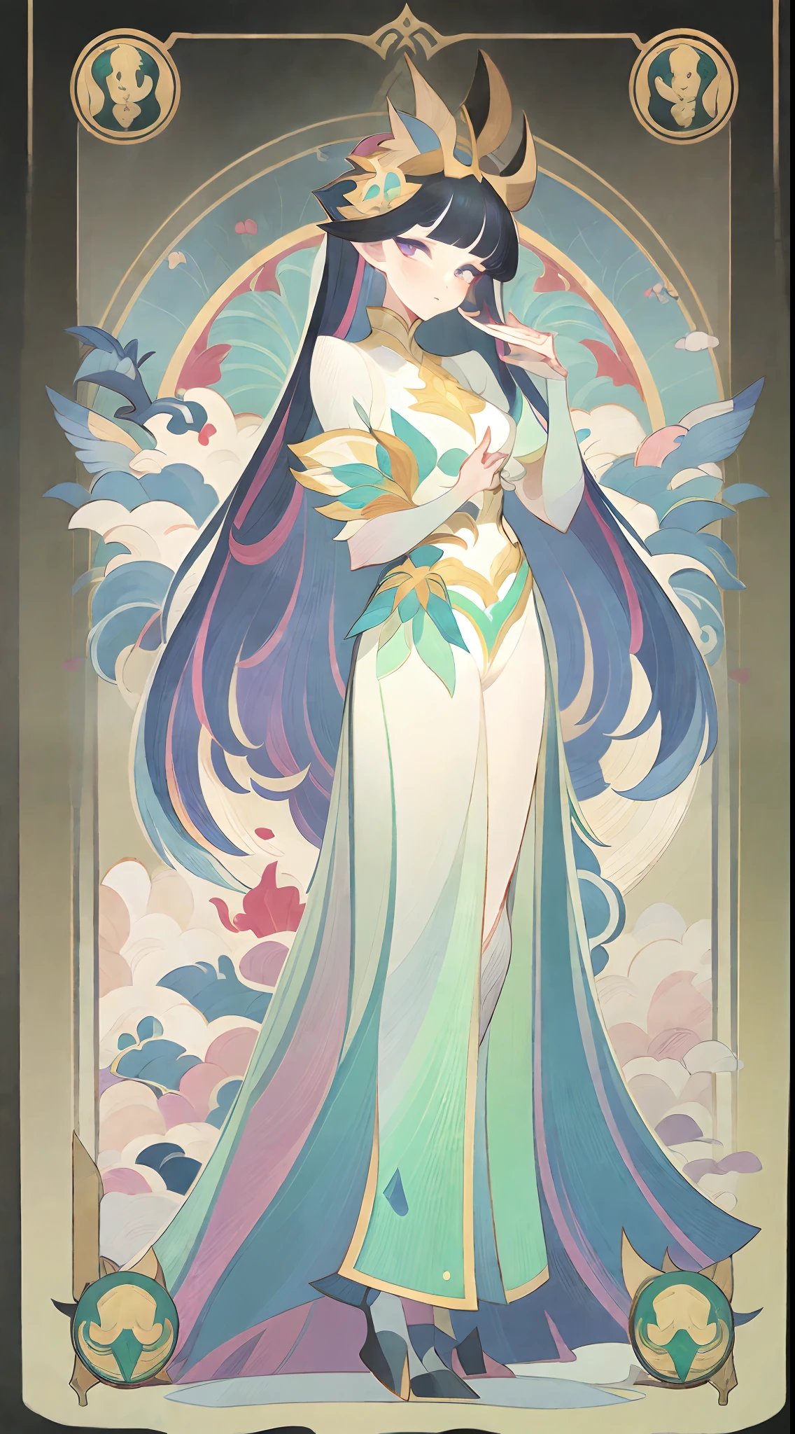 Full body portrait of 1 girl, mages, Gorgeous long dress, standing on your feet, (((独奏))), Clear facial features, Simple line design, ((tarot card background, symmetric beauty)), perfectly symmetrical, The art of symmetry, Standing drawings of characters, ((flatcolors)), (tmasterpiece，top Quority，best qualtiy，超高分辨率，Clear facial features，beautidful eyes，beauitful face)