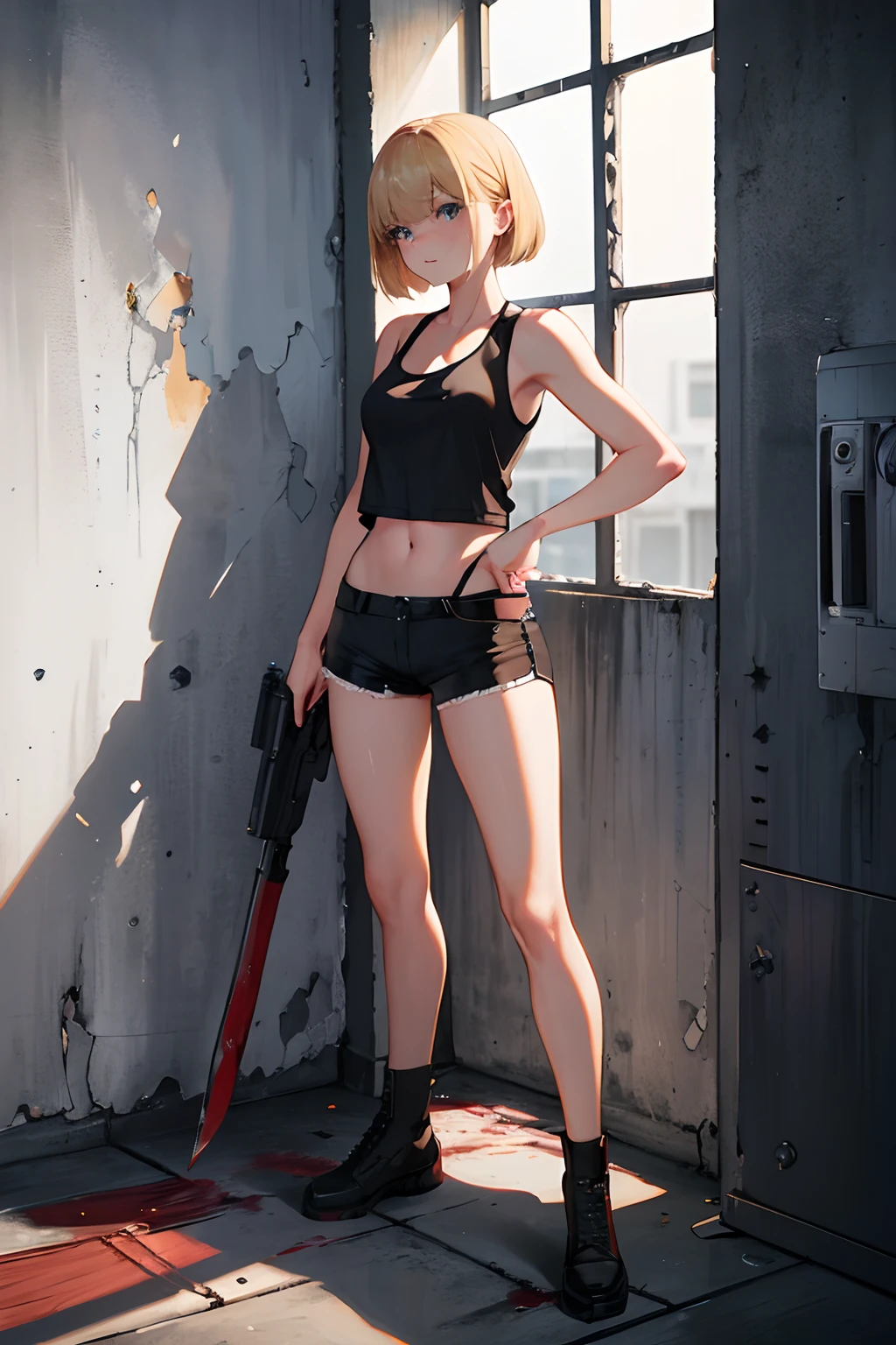 Inside the military base、gun fight、There is a fire、Holding a gun、Blood stains on the floor and walls、Bullet hole in the wall、Dead soldier bleeding、cute blonde girl、cute face、elegant sleek smooth body、full body Esbian、Short bob hair、a blond、blue eyes、Black tank top、sexy black shorts、Wearing black shorts