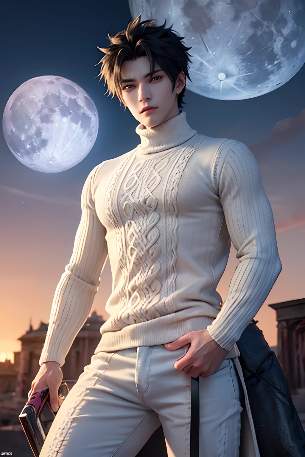 (((1 young man 21 years old))), anime character with short hair, black hair, ancient city background, ((large moon)), handsome man in demon slayer art, epic fantasy art style, badass anime 8k, epic fantasy digital art style, detailed digital anime art, human male demon, portrait of hades, epic fantasy art style hd, fierce expression 4k, perfect eyes, perfect skin, demon male, extremely detailed artgerm, ((wearing thick off-white turtleneck kneaded long sleeve sweater)), dark blue long pants, wind magic, ((((bloody right eye))))