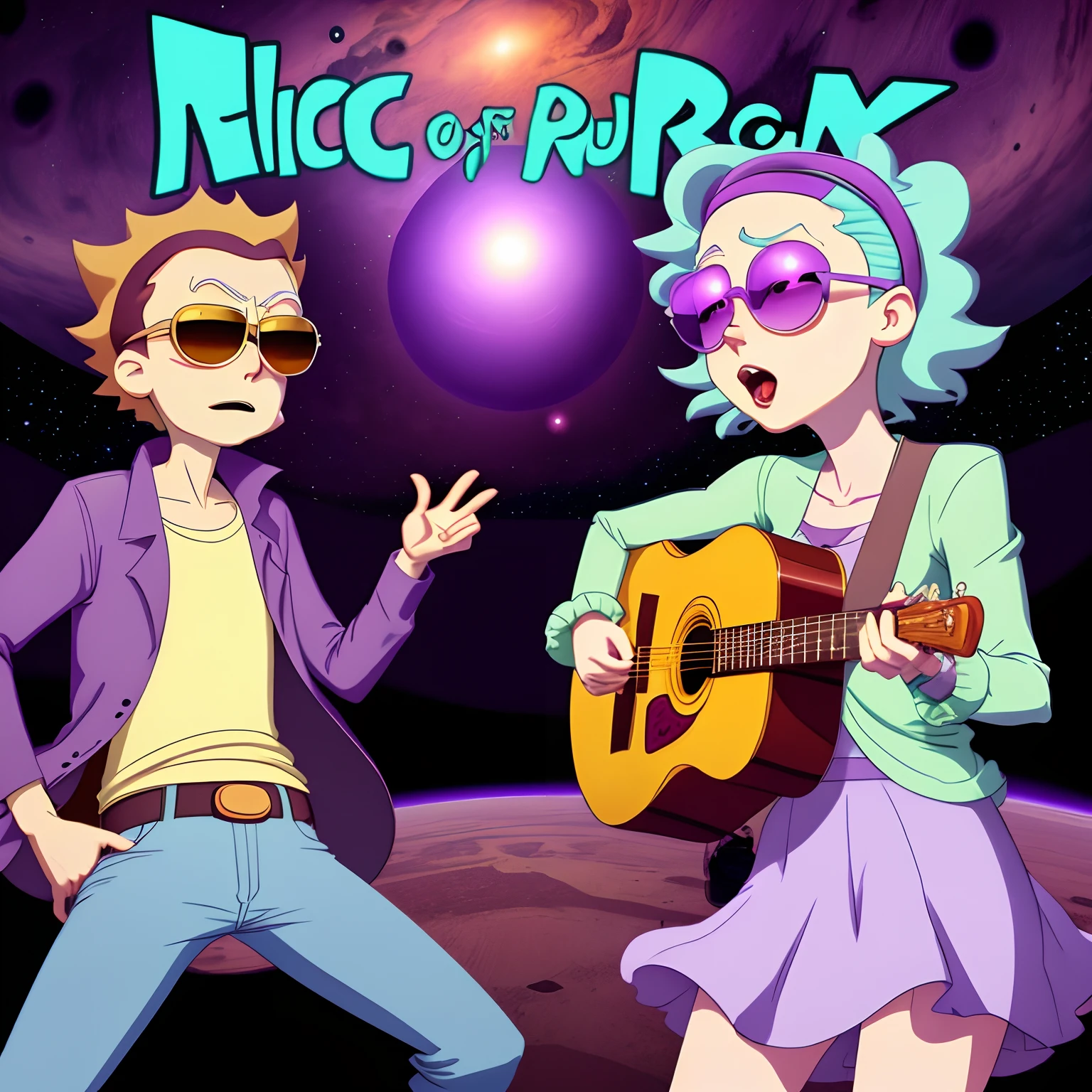 Cover of a song in the style of Rick and Morty with sunglasses on a purple planet