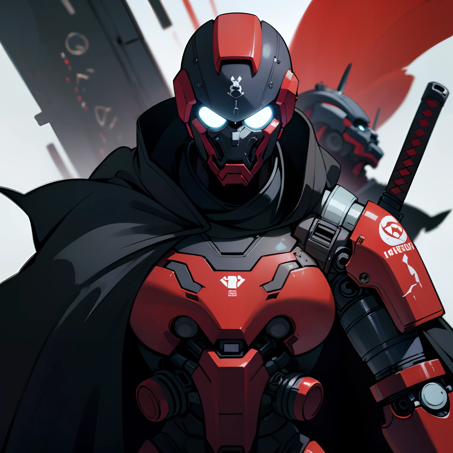 Dark_Fantasy,Cyberpunk,1manMechanical marvel,Robotic presence,Cybernetic guardian, samurai mechanical armour, absolutely stunning art,wearing a black cloak, highest quality art, highest resolution, hyper detailed,black and red