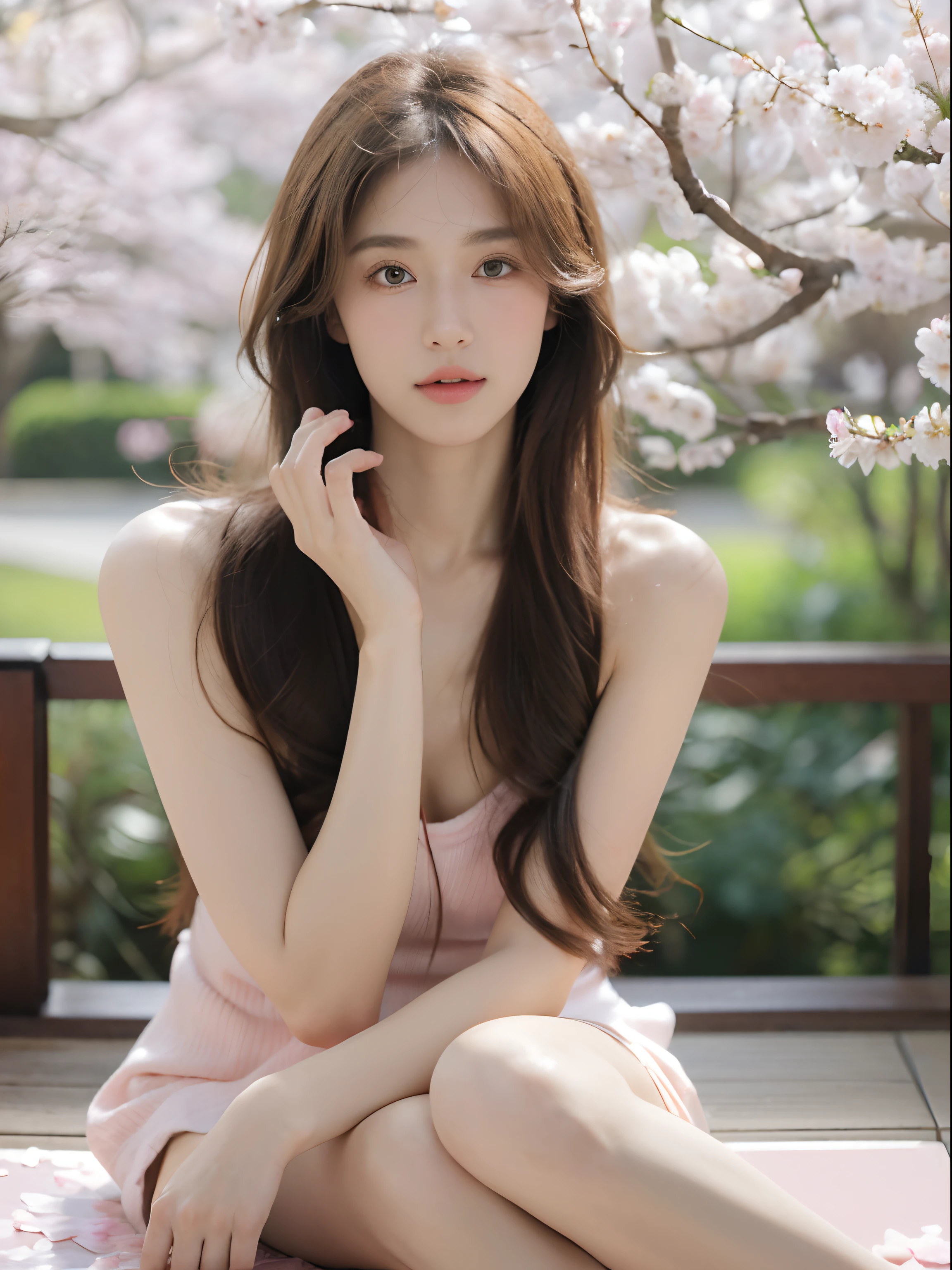 (8k, RAW photo, best quality, masterpiece:1.2), (realistic, photo-realistic:1.5), natural light, solo focus, girl, beautiful girl, long hair, brown hair, brown eyes, ultra-detailed beautiful face, looking at viewers, realistic big breast, (transparant) pink tanktop, sitting, (background, japan scenery, sakura, sakura petals, outdoor)