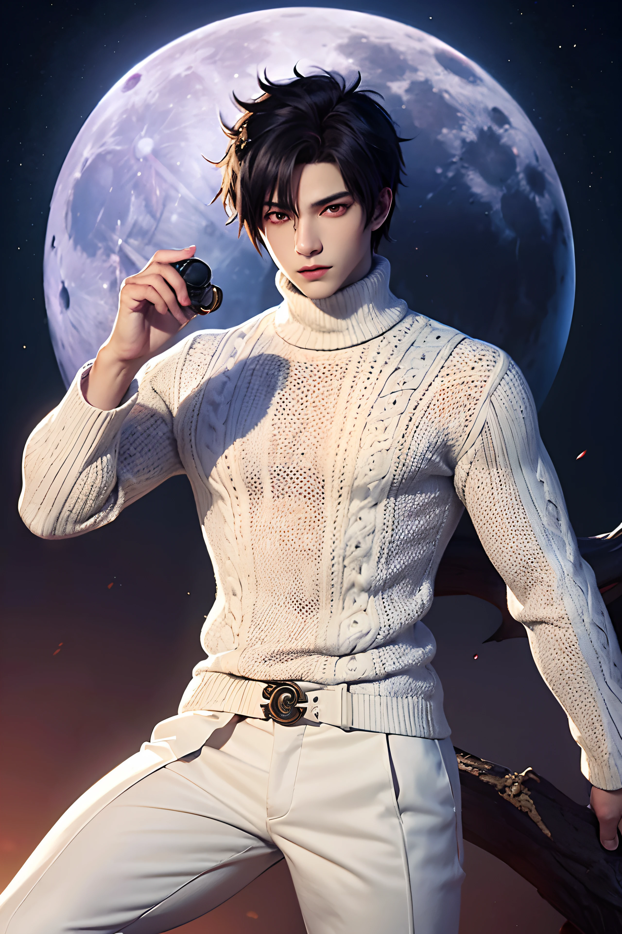 (((1 young man 21 years old))), anime character with short hair, black hair, ancient city background, ((large moon)), handsome man in demon slayer art, epic fantasy art style, badass anime 8k, epic fantasy digital art style, detailed digital anime art, human male demon, portrait of hades, epic fantasy art style hd, fierce expression 4k, perfect eyes, perfect skin, demon male, extremely detailed artgerm, ((wearing thick off-white turtleneck kneaded long sleeve sweater)), dark blue long pants, wind magic, ((((bloody right eye))))