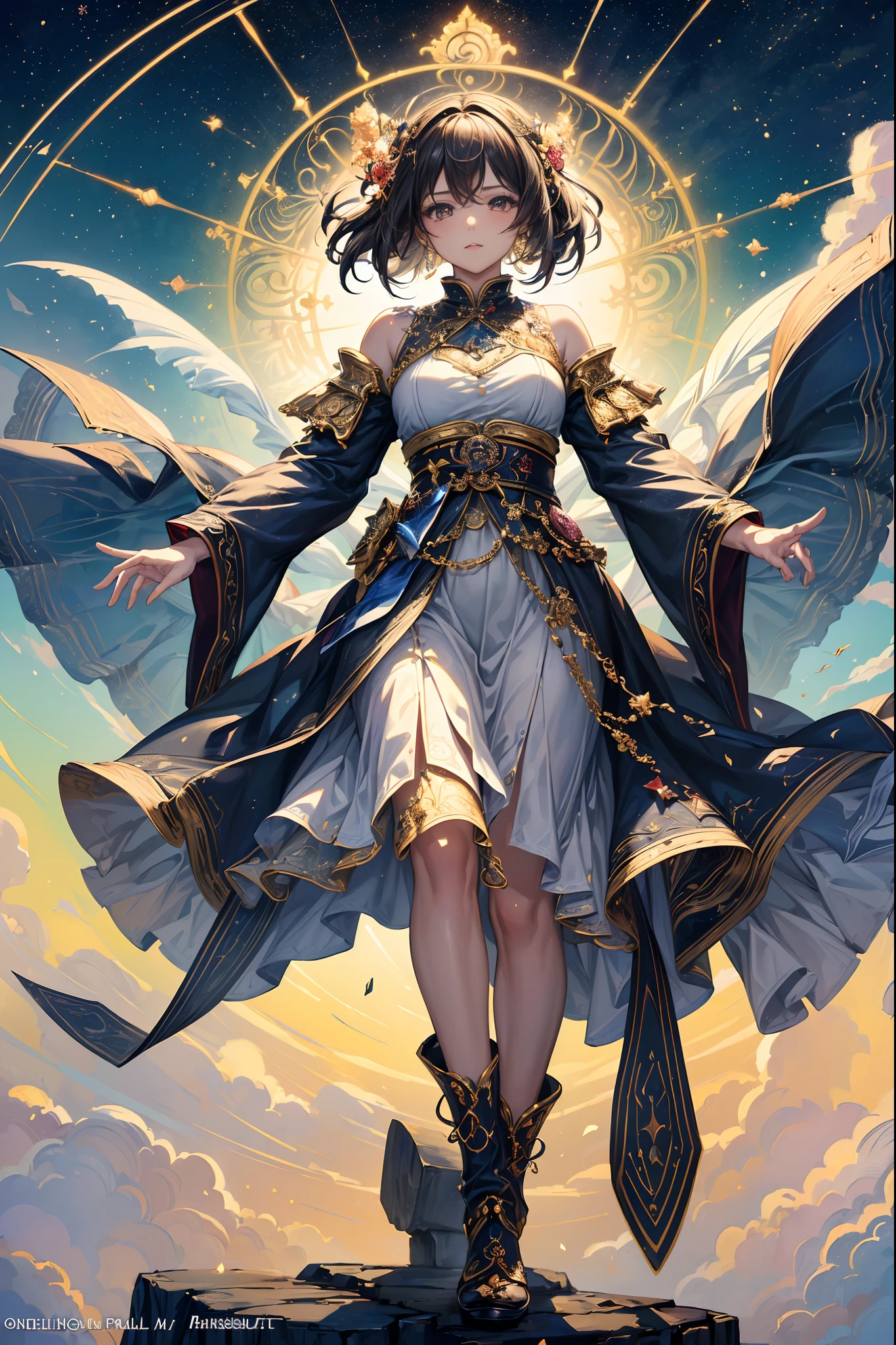 (masterpiece, top quality, best quality, official art, beautiful and aesthetic:1.2), (1girl), extreme detailed,(fractal art:1.3),colorful, fantasy female character with ethereal wings, a celestial aura, and a connection to the stars. She embodies the spirit of the night sky.