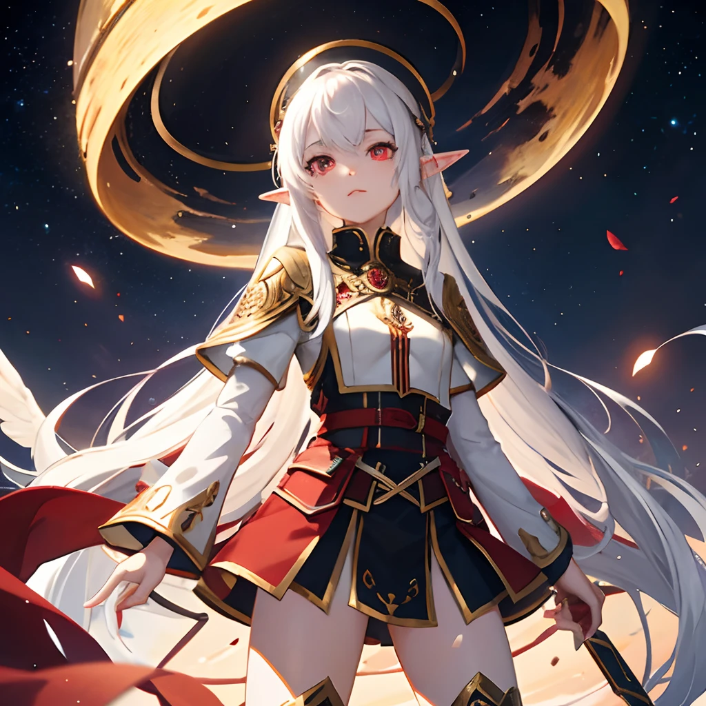 Elf girl with white hair and red eyes is galactic emperor with majestic military outfit, background of monsters.