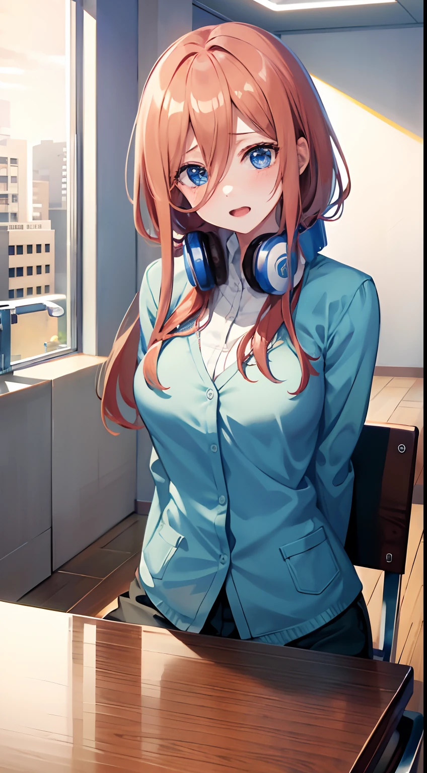 (masterpiece, high quality, high res), Nakano Miku (quintessential quintuplets), brown messy hair,  headphones, face palm,sitting on office chair desk,shrugged face, detailed face,unbuttoned shirt,slightly visible cleavage,hot atmosphere,classic office background,transparent large windows, anime version, extremely detailed, UHD, 4k, 8k, award-winning, sharp focus, anime version, blush