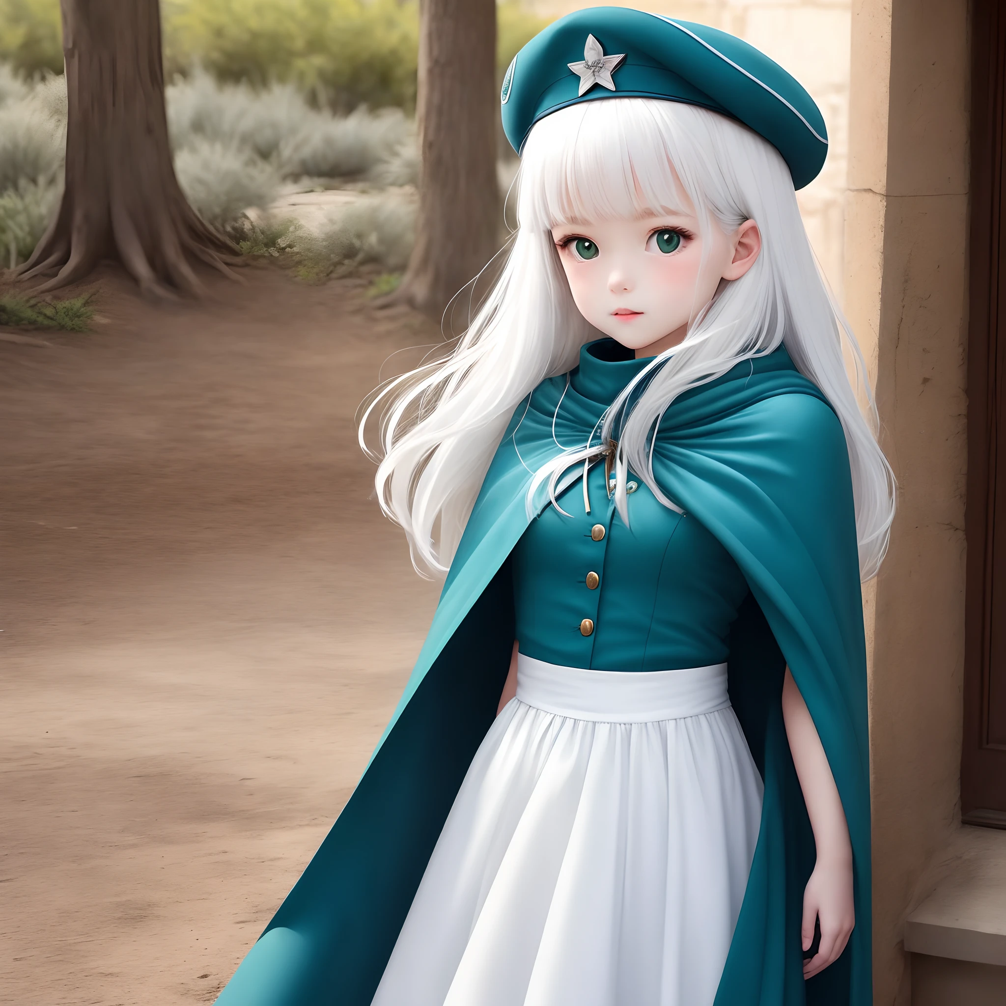 White-haired young girl,Wear a light green berets,Wear a blue cape and white dress