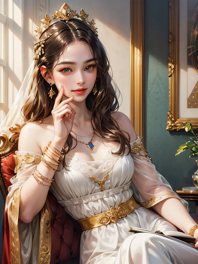 ((top-quality、masuter piece:1.3)、reallistic、超A high resolution、The best illustrations)、1 female、a beauty girl、3/5 shots、Straight hairstyle、A dark-haired、glistning skin、lightsmile、closes mouth、爆乳、Off-shoulder see-through white long dress、a necklace、Earring、Gold bangles、hyperdetailed face、A detailed eye、Detailed hand depiction、watching at viewers、Luxurious rooms in the palace、Highly detailed facial and skin texture、Focus on the face、A detailed eye、Detailed hip depiction、Detailed hand depiction、Sit on a stool and read a book