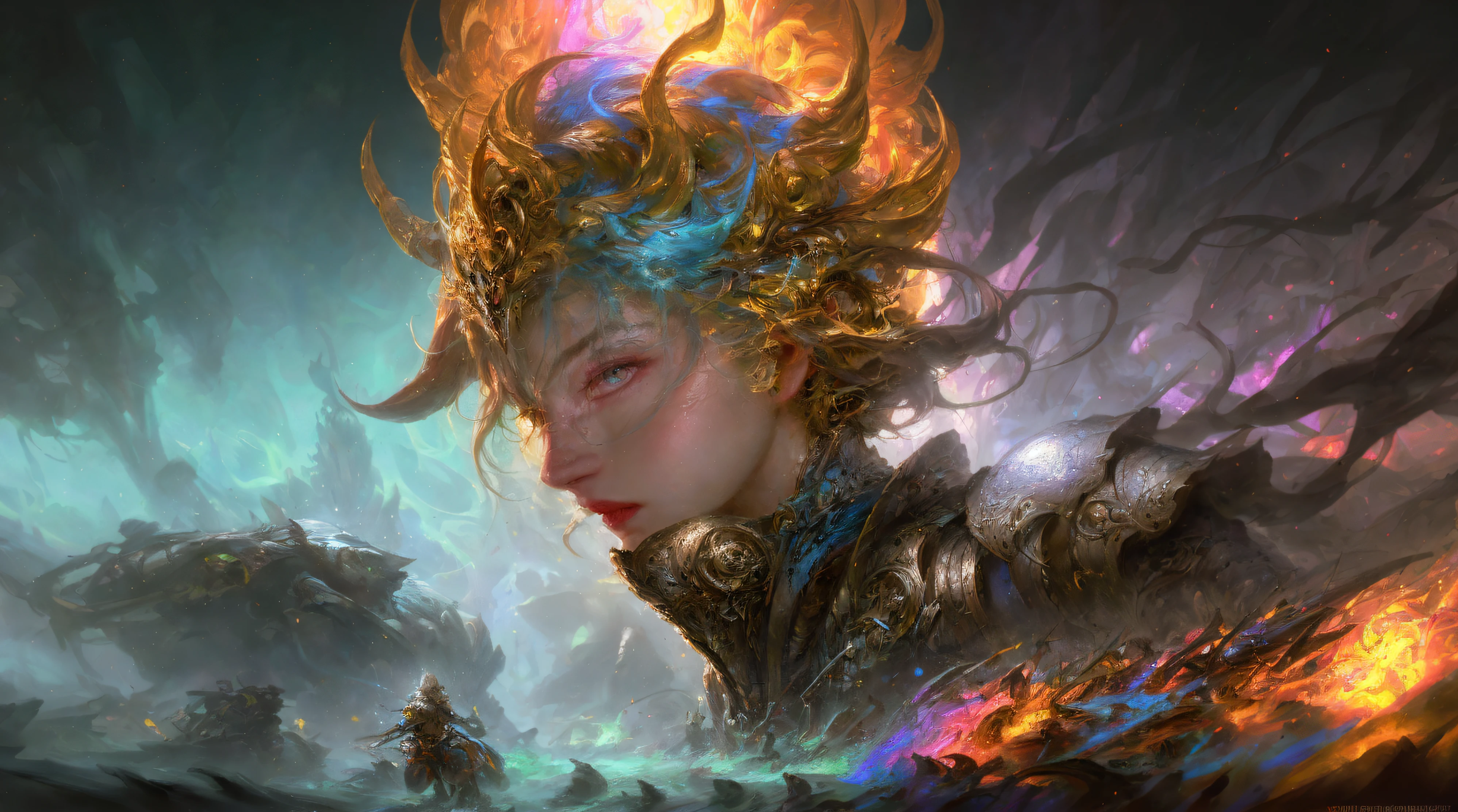 splashart， Female warrior head， （（white backgrounid））， piercing eyes， Epic Instagram， art  stations， splash style of colourful paint， contours， Hyper-detailed intricate details， unreal-engine， fantasy， intricately details， splash image， complementary colours， fantasy concept art， 8K分辨率， Deviantart's masterpiece， oil painted， Re-itinerary， paint drips， splashart