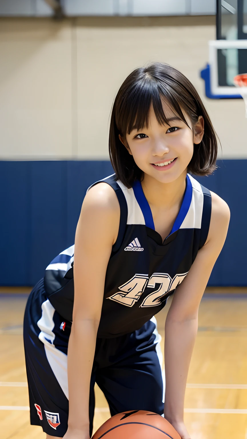 BEST QUALITY, MASTERPIECE, ULTRA HIGH RESOLUTION, (PHOTOREALISTIC:1.4), RAW PHOTO, 

(1girl, (12-years-old, Japanese number one idol, very short black haired, extremely cute face like a Japanese idol, amazingly beautiful big black eyes,  innocent smile), playing basketball on indoor basketball court, upturned beautiful small ass), (wearing cute underwear under sleeveless basketball player's loose uniform), dynamic pose, looking at viewer, cowboy shot, 

detailed face, detailed eyes, detailed hair, detailed uniform, detailed body, detailed hip, detailed thighs