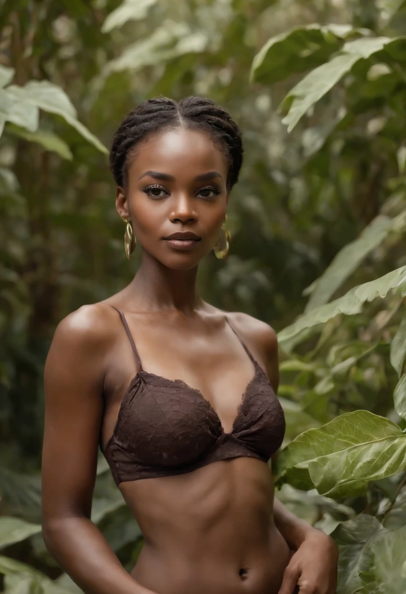 ((Piel africana oscura, very deep ebony skin)), ((Su belleza es innegable)), ((cara linda emocionada)), cuerpo completo, , ((Ojos perfectos ultra detallados,)), ((Linda Pose)), ((Idioma de salida)), ((seductor )), sexy, (( desnudo sexy)), ((Cola de caballo africana larga y rizada africana,)), (( piel)), ((Get up, vista frontal)),  ((afuera, Public cities)), Sharp-focus CGI, photoreallistic, High detail, Realstic, obra maestra, absurdos, La mejor calidad, HDR, alta calidad, K HD, extremadamente detallado, Fondo de pantalla de 8k, Detalles intrincados, 8k UHD, Full HD, (foto realista:1.2), contraste, Luces deslumbrantes, cinematography lighting, natural  lighting, Luz dura, backlite lighting, global ilumination, Elegant Artistic Environmental Inclusion NSFW, su cuerpo y su piel se mimetizan con la naturaleza, lying down blending into the undergrowth, sensual pero elegantemente bella