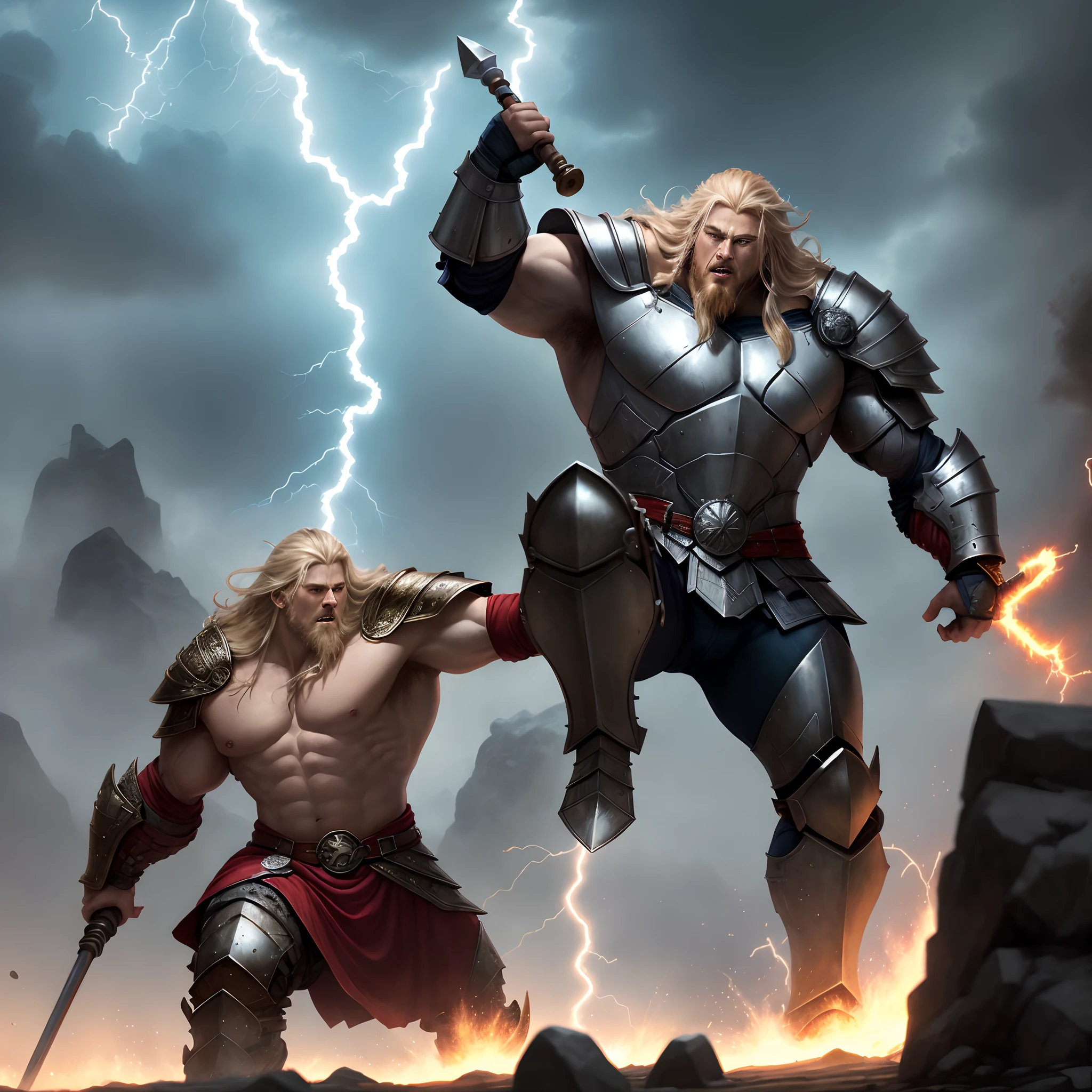 there are two men in armor fighting with lightning in the sky, epic fantasy game art, thunderous battle, tuomas korpi and wlop, epic fantasy digital art, d & d fantasy digital art, epic fantasy digital art style, by Jesper Ejsing, fantasy epic digital art, heroic fantasy art, epic fantasy illustration, james gurney and andreas rocha