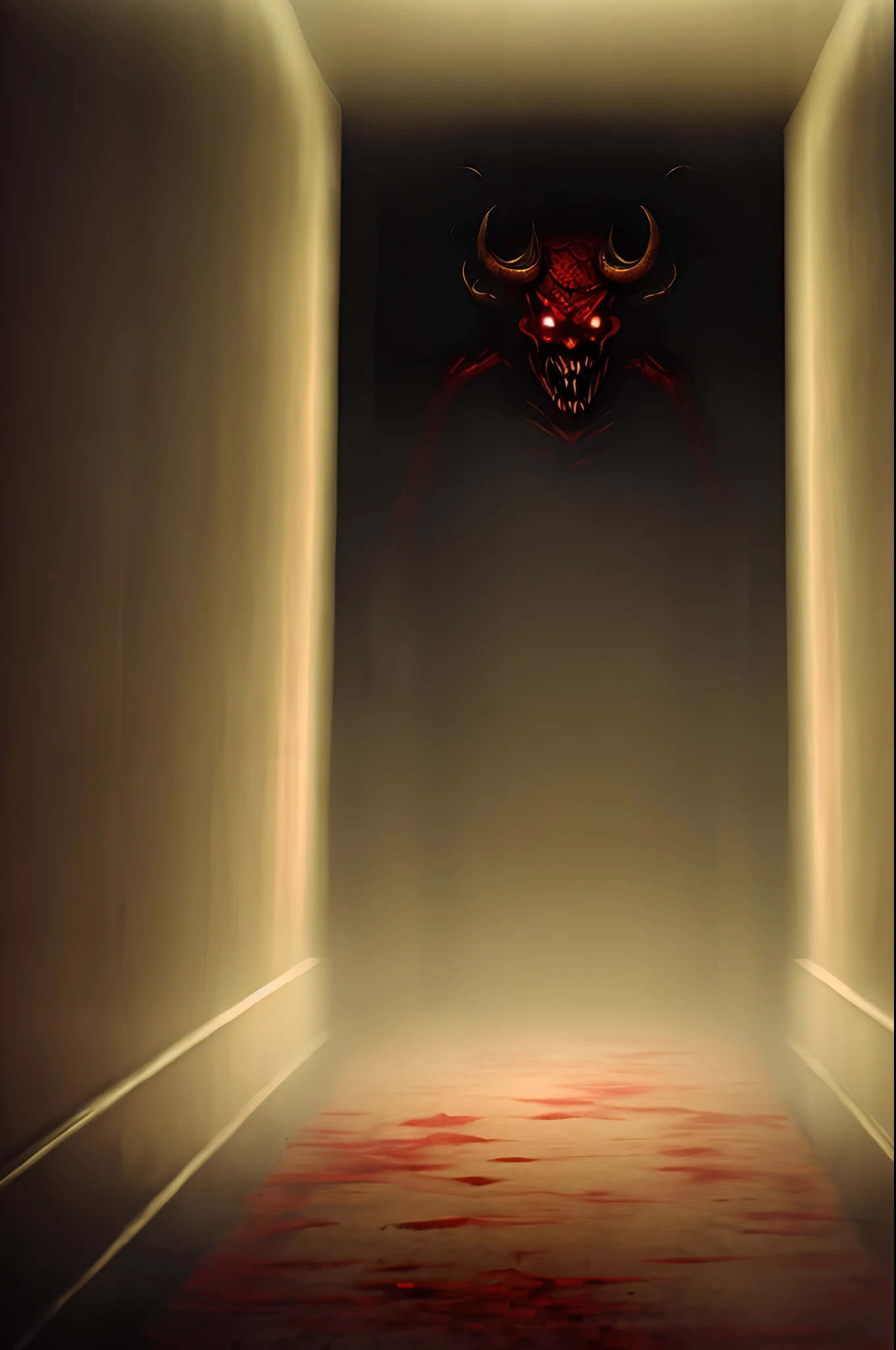 (devil), creepypasta monster inside a liminal space of nightmares in a dark alley, dynamic lighting, photorealistic, trending on art station, stunning visuals, foggy, creative, cinematic, ultra detailed, atmospherical, ambient lighting, scary art, bad quality, heavy film grain, desaturated, orange teal hue