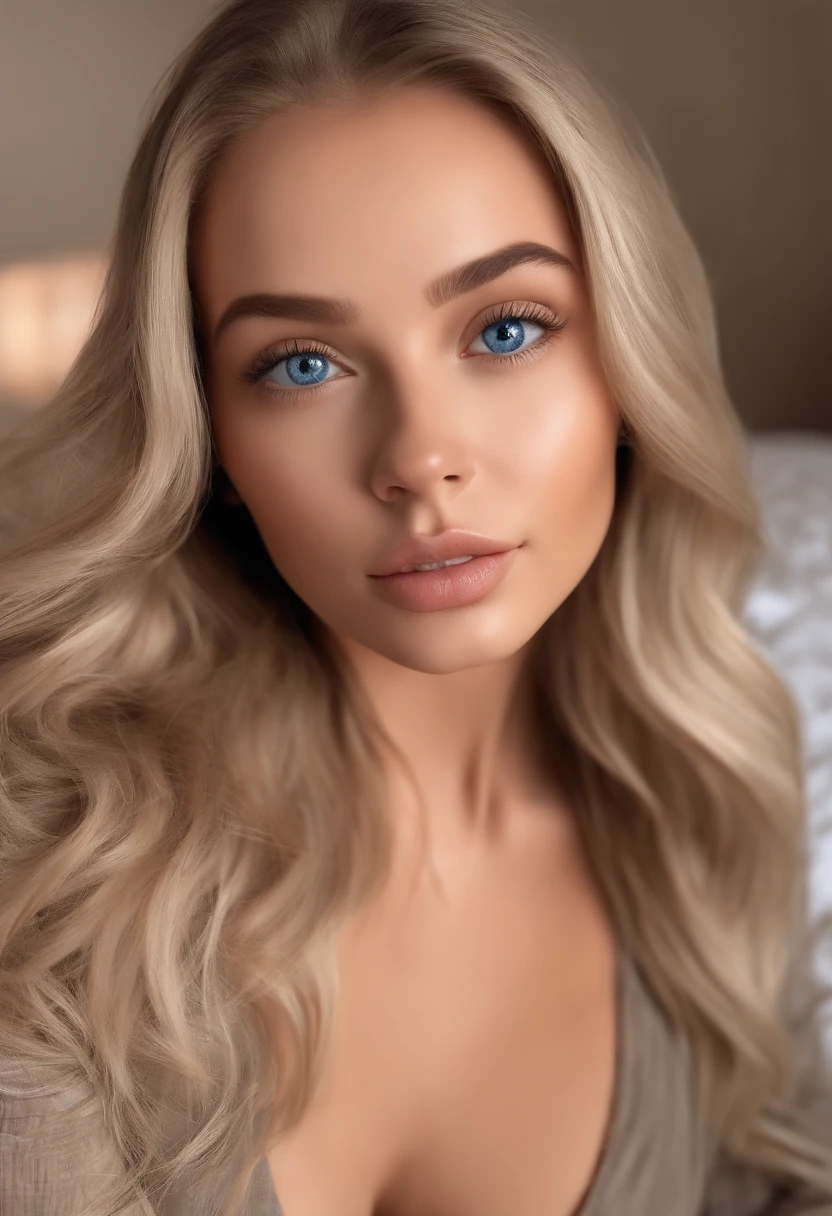 arafed woman fully , sexy girl with blue eyes, ultra realistic, meticulously detailed, portrait sophie mudd, blonde hair and large eyes, selfie of a young woman, bedroom eyes, violet myers, without makeup, natural makeup, looking directly at the camera, face with artgram, subtle makeup, stunning full body shot kneeling on bed, in bedroom, medium to large size bust; ; ;naked