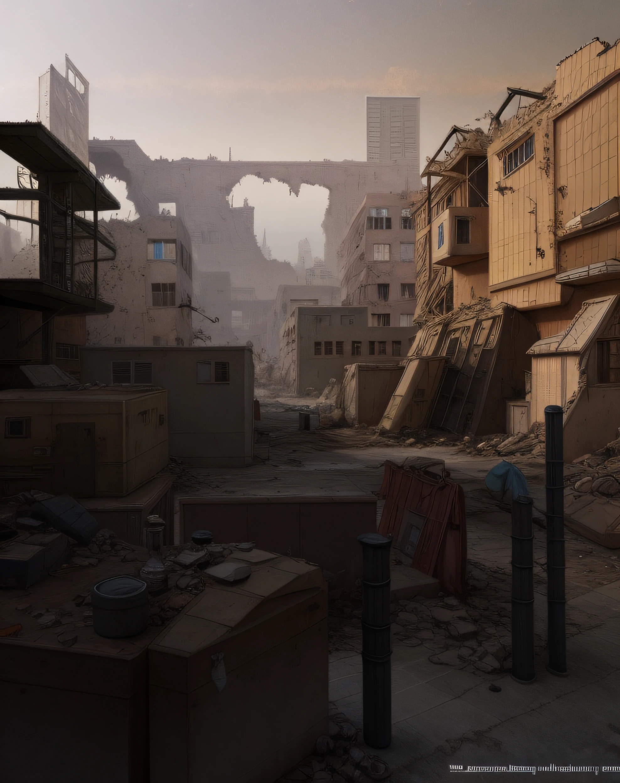 (high quality,highres,masterpiece:1.2),ultra-detailed,(realistic,photorealistic,photo-realistic:1.37),artistic architecture in Alafed city with numerous buildings and abundant debris, dust-filled environment, dystopian slums, post-apocalyptic zone, highly detailed concept art, radiation concept art of Ernest Halimov, dystopian setting, FPS game concept art, post-apocalyptic city streets in a post-World War era, post-apocalyptic wasteland, immersive concept art.