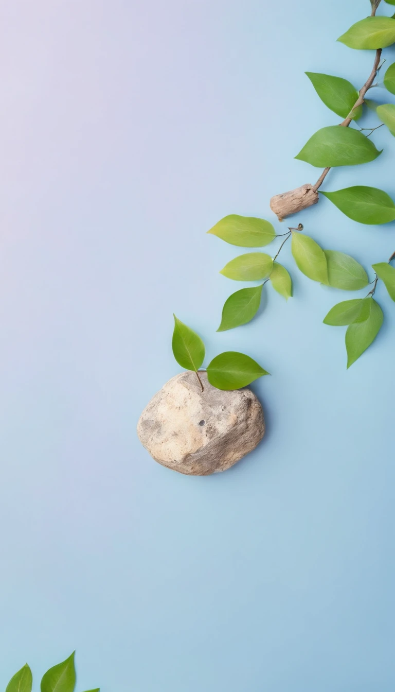 best quality, masterpiece, cinematic photo, a rock surface next to a small wooden branch, blurred leaves obstacle, pastel colored wall background, soft lighting