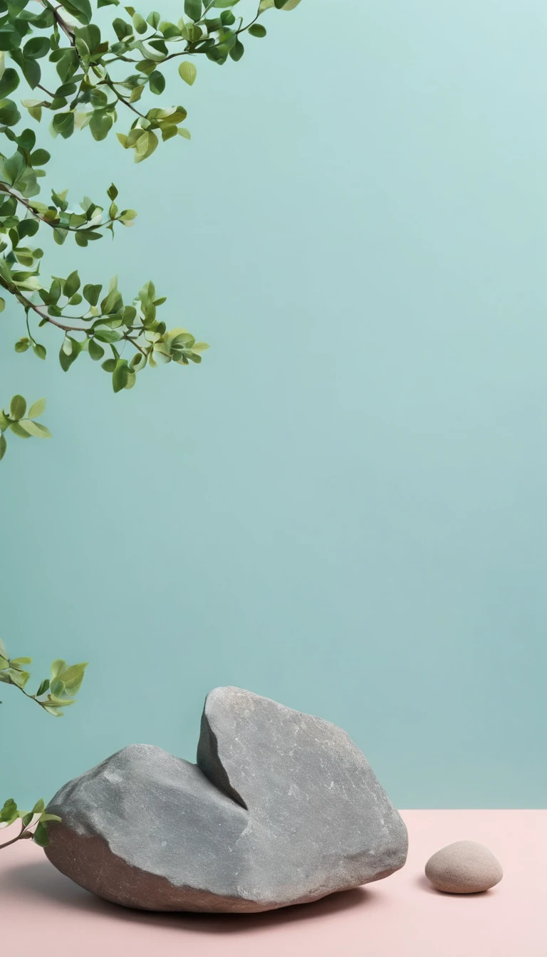 best quality, masterpiece, cinematic photo, a rock surface next to a small wooden branch, blurred leaves obstacle, pastel colored wall background, soft lighting
