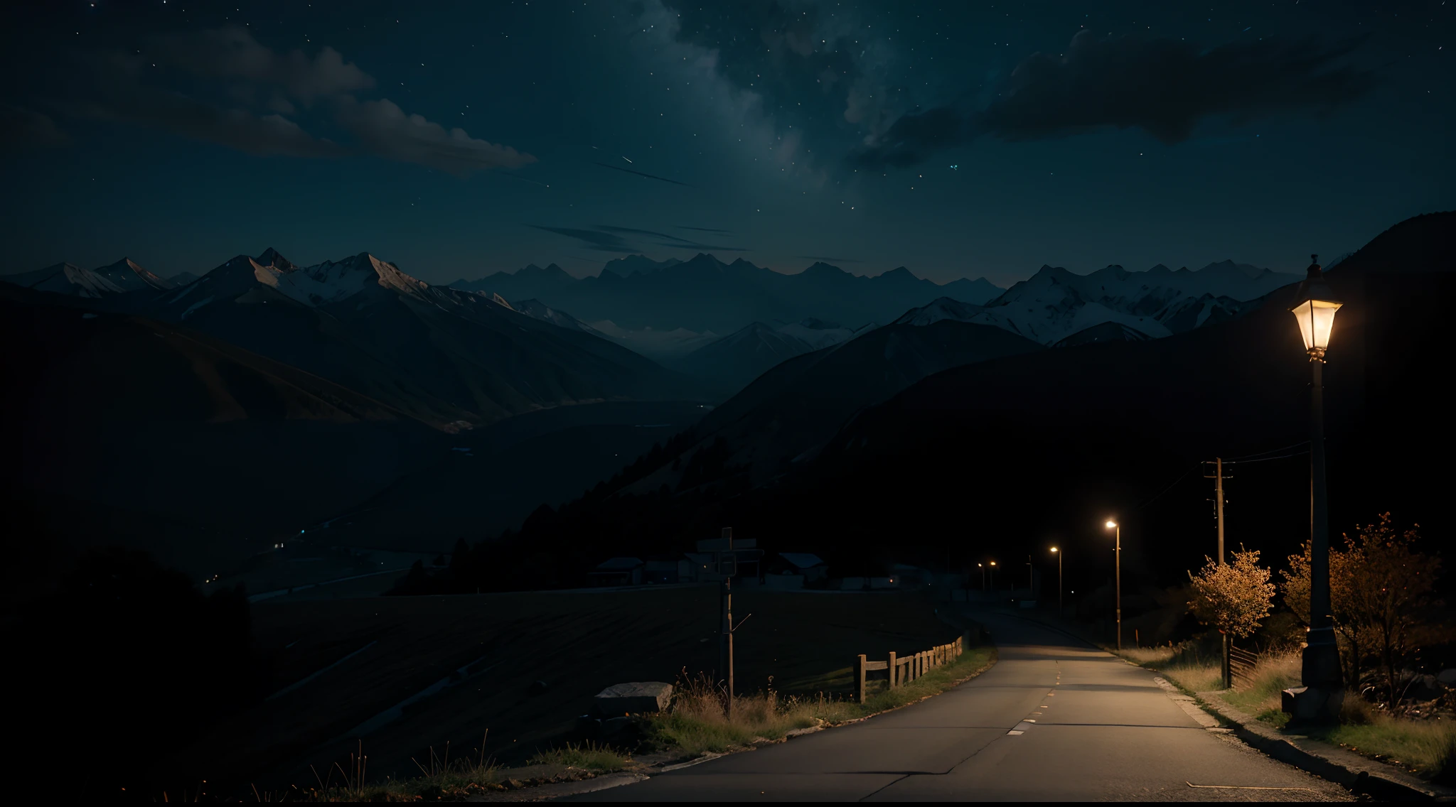 Anime, anime landscape, walking in the mountains, nighttime, streetlights, 8k quality.