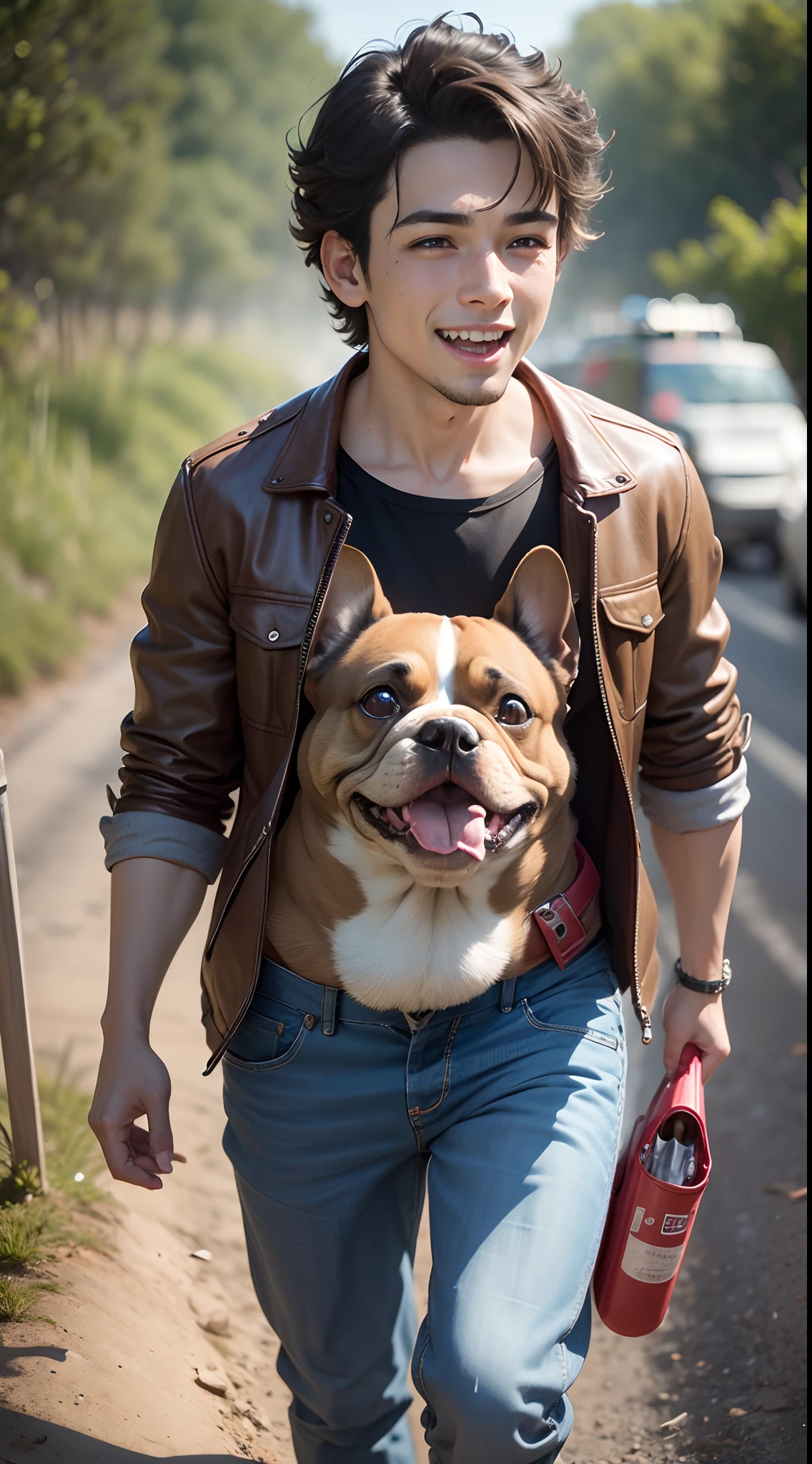 FELIZ, e boy with his light brown french bulldog on an adventure., cabelo curto, cabelo castanho, escalando a montanha,  brilhante, Surrealismo, Minimalismo, Pixar, UHD, 1080P, HD, 8k, pele texturizada, detalhes altos --auto --s2