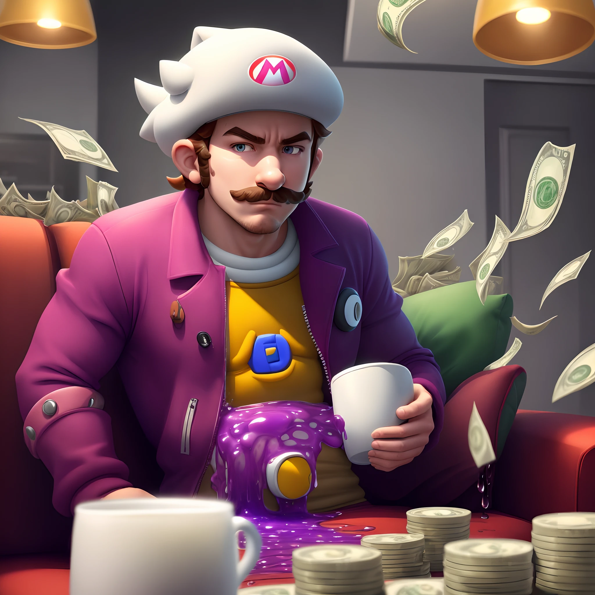 A character named JEFFY from a youtube channel called (super mario logan) is sitting on a red couch looking sad while a white cup full of purple liquid drips off the couch while stacks of money is spread throughout the area