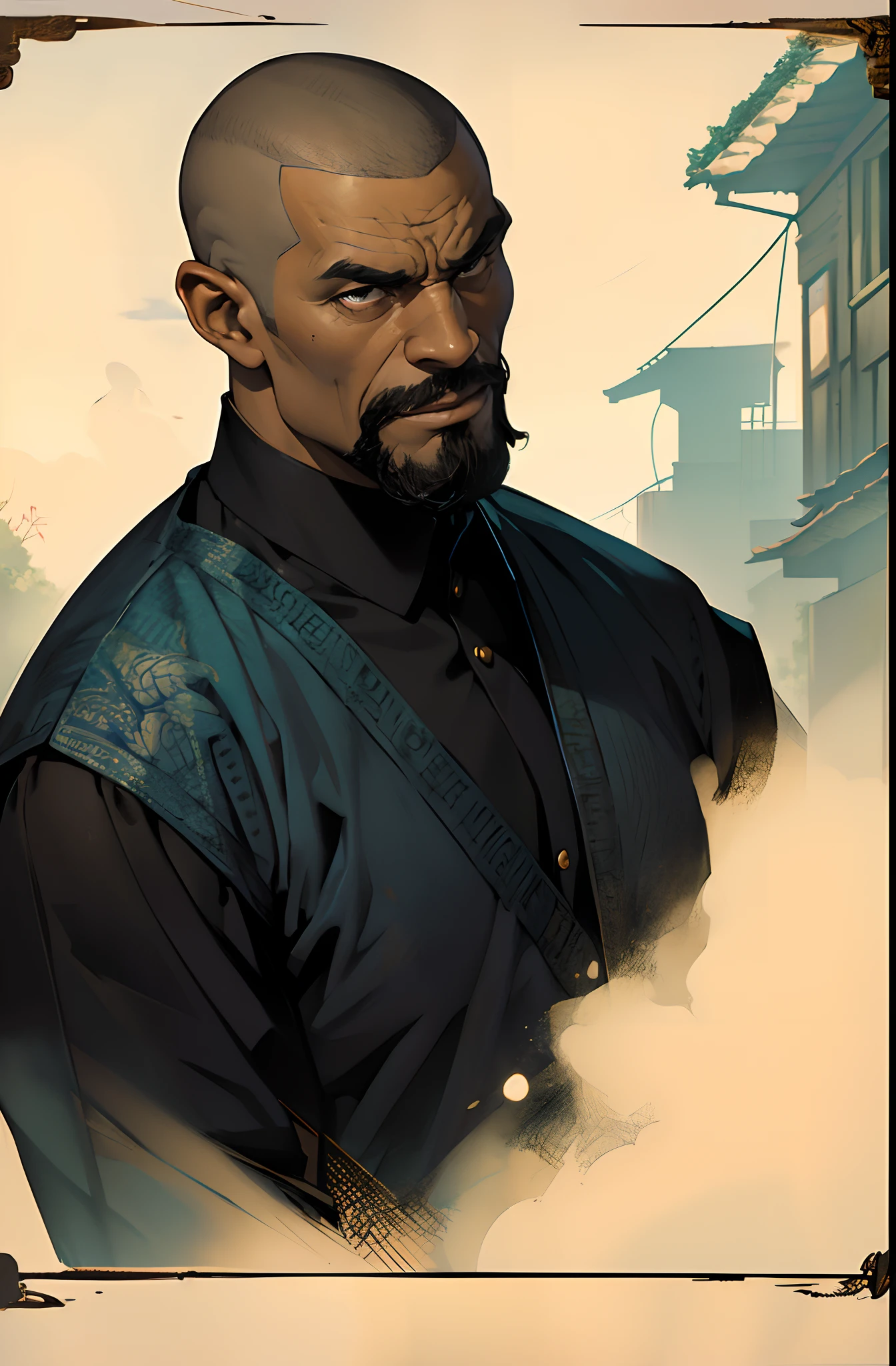 mean wise old black man. treasurer. village elder. brown skin. faded buzzcut hair. full body