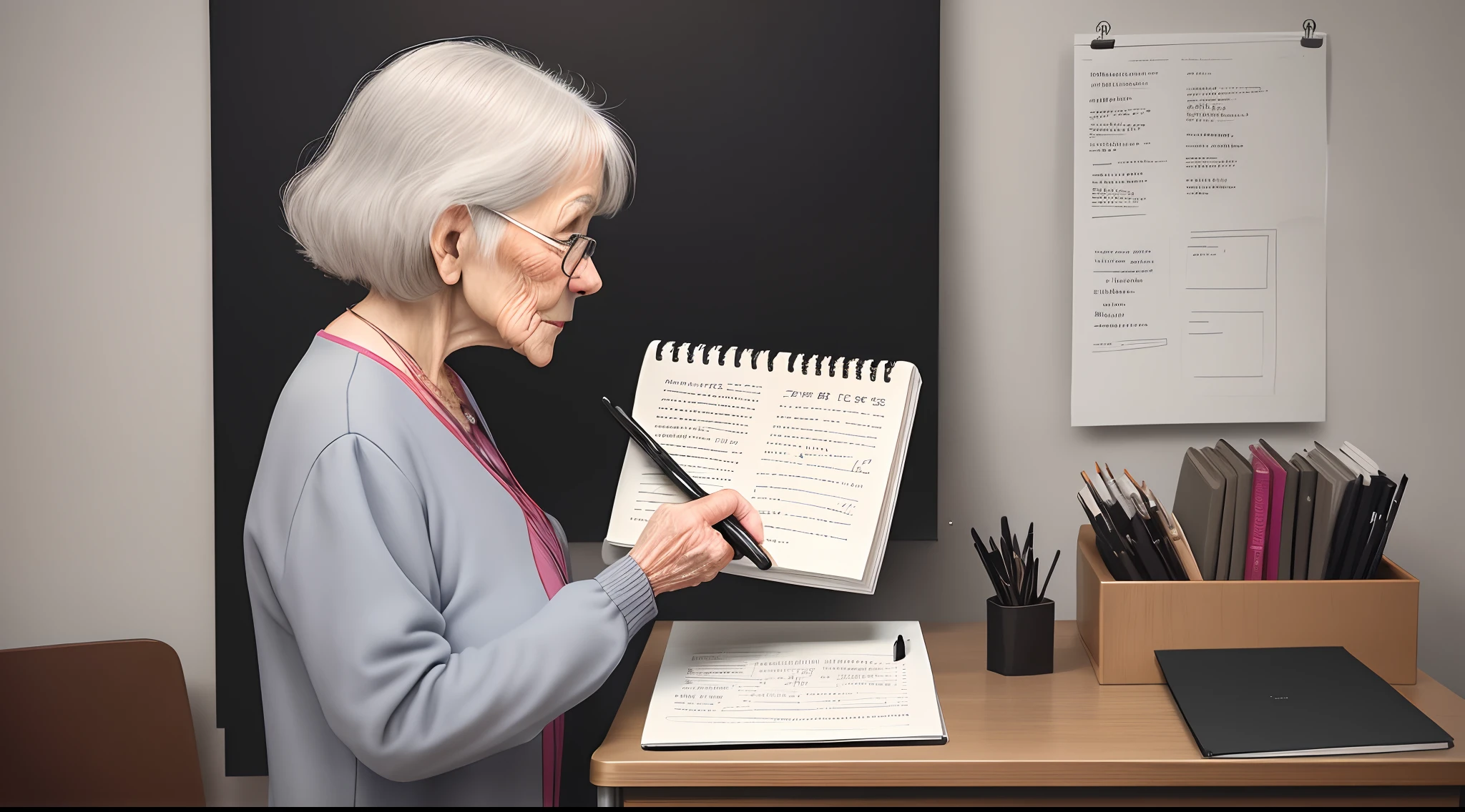 Simple illustration of old woman taking notes on small black paper on desk while standing