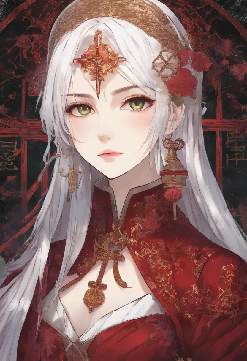 (((a deep reddish wound crosses her left cheek))) fair complexion, woman around 19 years old, natural white hair, distinctive green eyes, wearing kohl, slender and graceful, beautiful, candlelight in a medieval setting, ultra sharp focus, realistic shot, medieval female clothes, tetradic colors (scar:1.4)