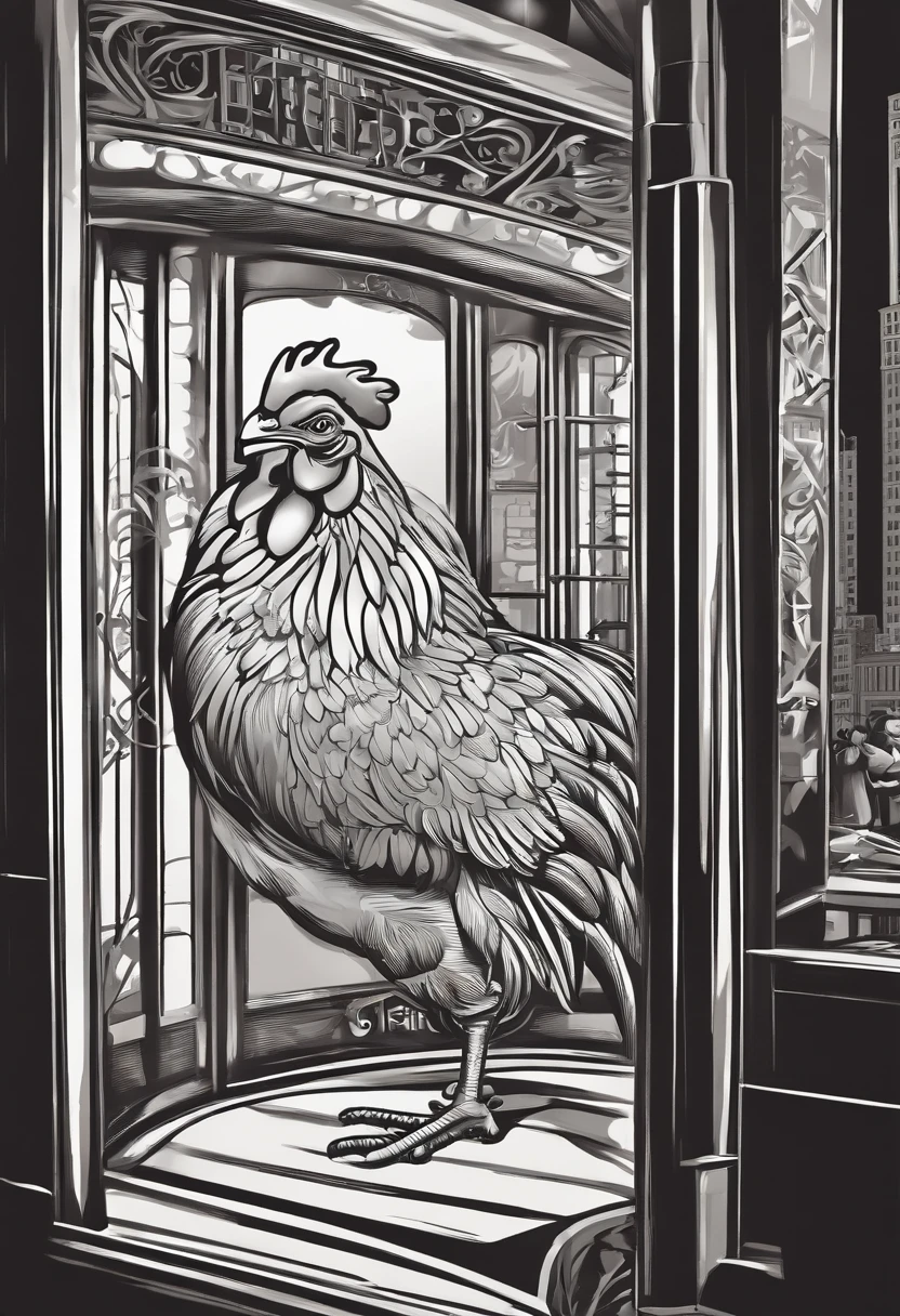 create Tall vector illustration that captures the essence of the Chinatown Fair's dancing chicken in New York City. The chicken is encased within an arcade booth, intently playing tic-tac-toe. The tic-tac-toe game is visibly displayed on the machine's screen. The design leans heavily on bold, solid lines and is rendered exclusively in a black and white palette. The image is devoid of any background distractions for a minimalistic appeal.