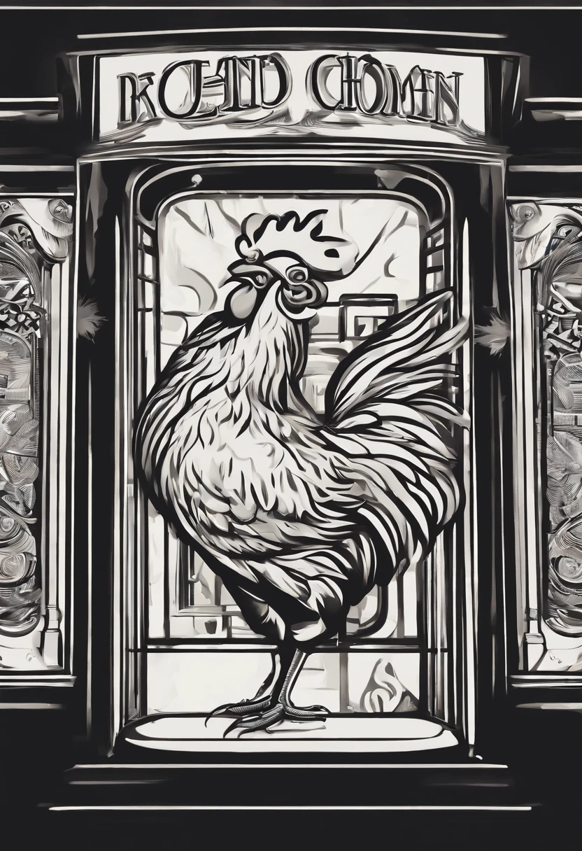 create Tall vector illustration that captures the essence of the Chinatown Fair's dancing chicken in New York City. The chicken is encased within an arcade booth, intently playing tic-tac-toe. The tic-tac-toe game is visibly displayed on the machine's screen. The design leans heavily on bold, solid lines and is rendered exclusively in a black and white palette. The image is devoid of any background distractions for a minimalistic appeal.