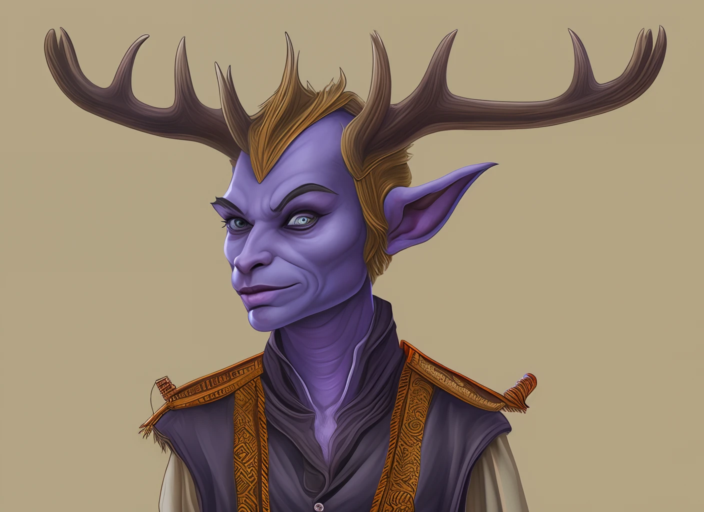 Purple non-binary tiefling with short curly hair and antlers