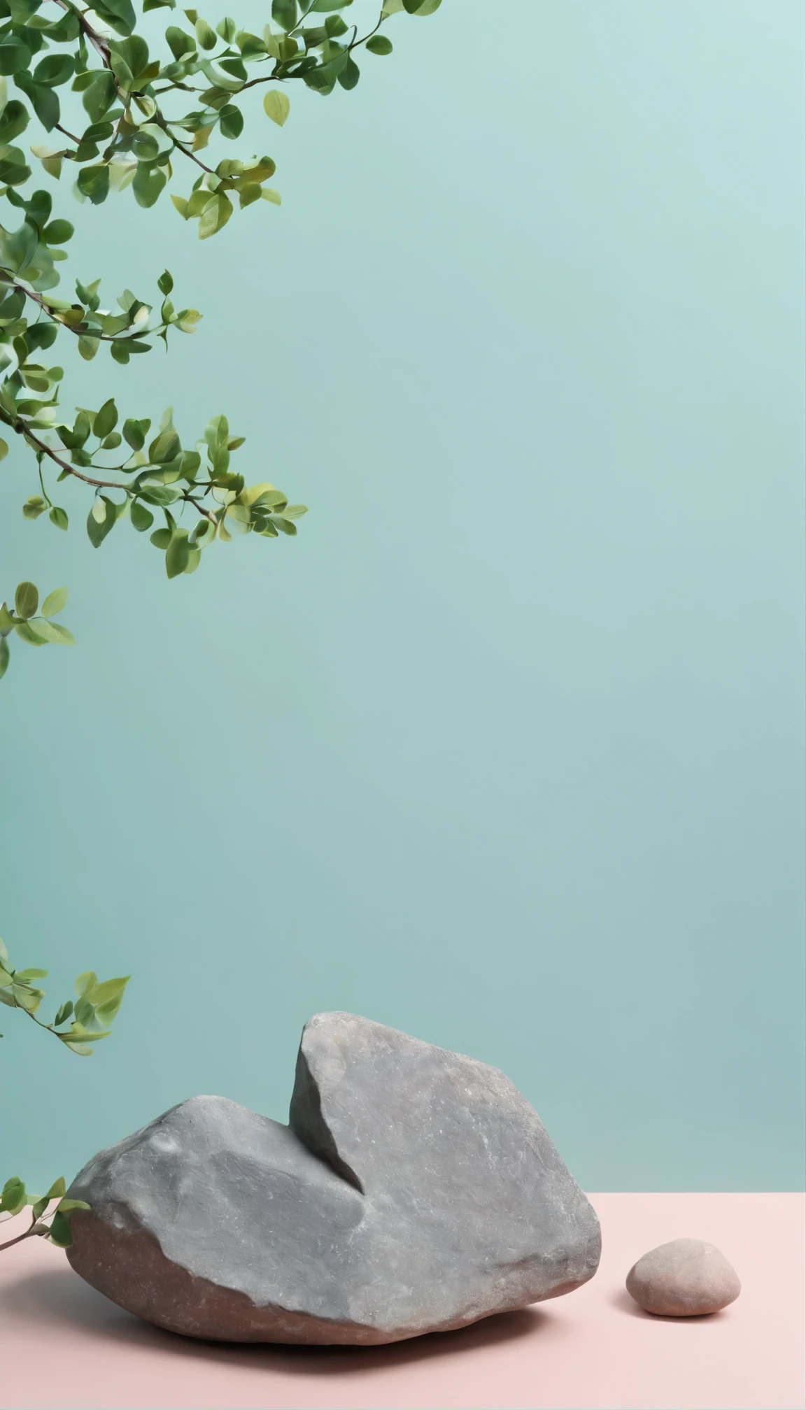 best quality, masterpiece, cinematic photo, a rock surface next to a small wooden branch, blurred leaves obstacle, pastel colored wall background, soft lighting