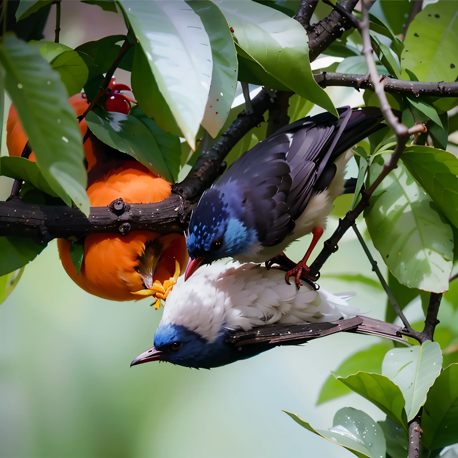 there is a bird that is sitting on a branch of a tree, bird's eyes view, nature photo, tropical birds, Colorful birds, harmony of nature, Beautiful photo, Birds on cherry trees, adult pair of twins, having a snack, author:Jan Rustham, kuntilanak on tree, author:Basuki Abdullah, author:Zahari Zograf, kuntilanak on bayan tree