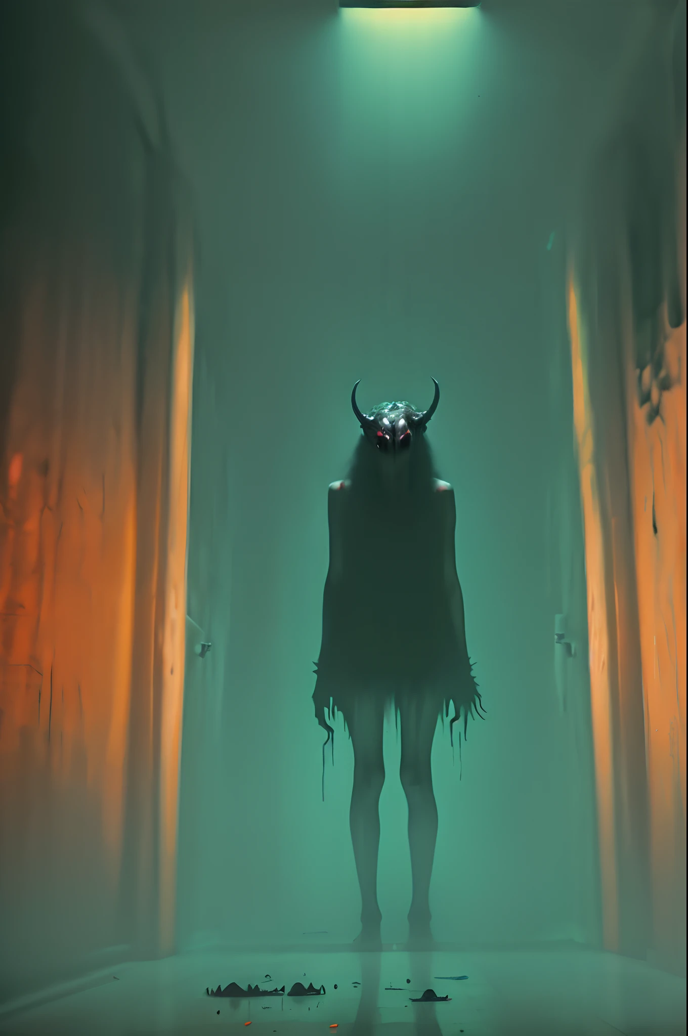 (devil), creepypasta monster inside a liminal space of nightmares in a dark alley, dynamic lighting, photorealistic, trending on art station, stunning visuals, foggy, creative, cinematic, ultra detailed, atmospherical, ambient lighting, scary art, bad quality, heavy film grain, desaturated, orange teal hue