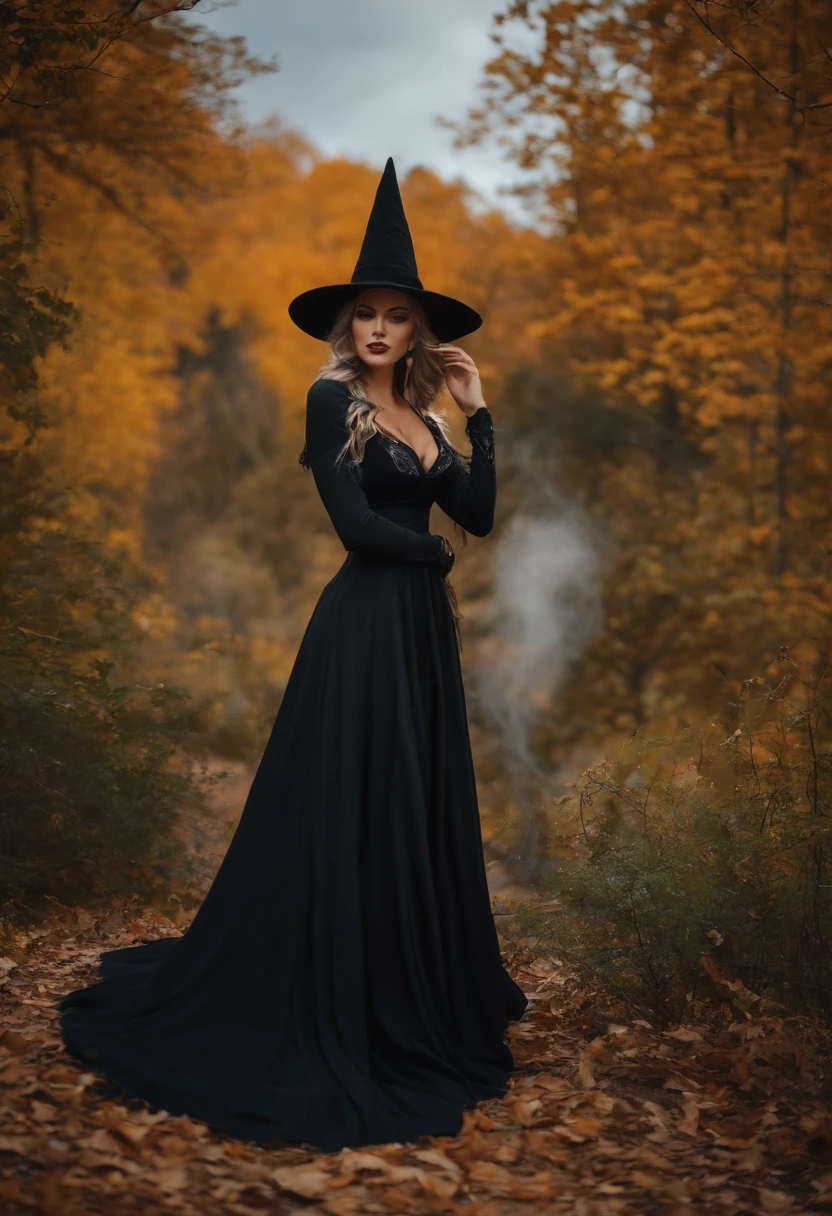 arafed woman in a witch costume posing in a forest, classical witch, beautiful witch female, beautiful cowboy witch, beautiful female witch, fashionable dark witch, pretty sorceress, witch, witch girl, a beautiful sorceress, lovely dark autumn princess, beautiful sorceress, witchy, witch clothes, dark witch, flirty anime witch casting magic