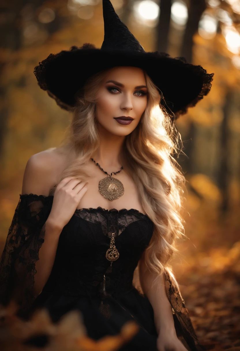 arafed woman in a witch costume posing in a forest, classical witch, beautiful witch female, beautiful cowboy witch, beautiful female witch, fashionable dark witch, pretty sorceress, witch, witch girl, a beautiful sorceress, lovely dark autumn princess, beautiful sorceress, witchy, witch clothes, dark witch, flirty anime witch casting magic