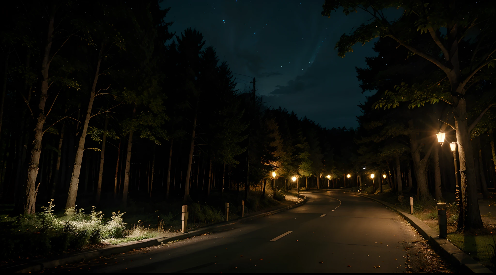 anime, anime landscapes, forest road, nighttime, streetlights, high quality 8k, vivid colors, soft lighting