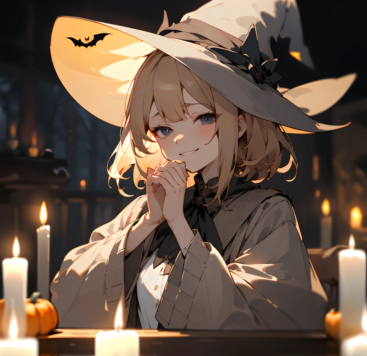 (masterpiece、top-quality)、Hair with a short neckline、1 woman with beige hair、Put your hands under your chin、Warm lighting、Dark gray cardigan、Blurred foreground、halloween night、Sorcerer、witch's hat、deep in the night、smirk