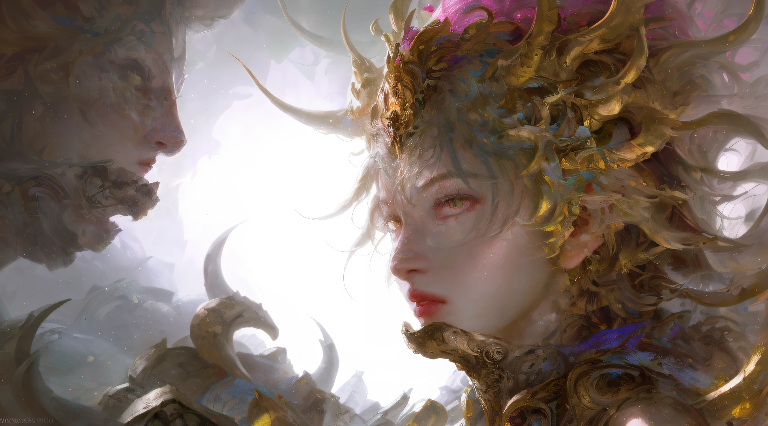 splashart， Female warrior head， （（white backgrounid））， piercing eyes， Epic Instagram， artstation， splash style of colourful paint， contours， Ultra-detailed intricate details， unreal-engine， fantasy， intricately details， splash image， complementary colours， fantasy concept art， 8K分辨率， Deviantart's masterpiece， oil painted， Restroke， paint drips， splashart