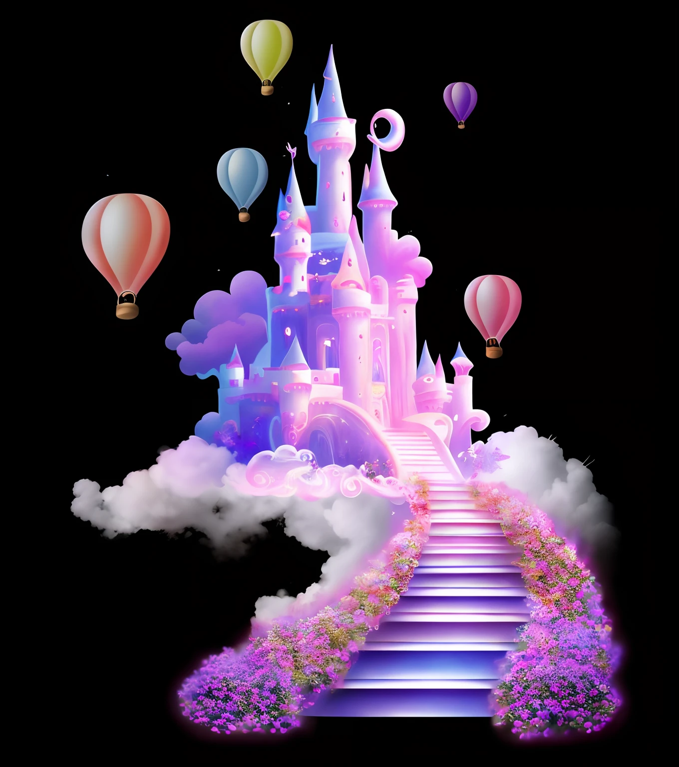 There is a castle,There are stairs leading to it,Balloons fly around, flying cloud castle, fairy tale style background, beautiful render of a fairytale, fantasy fairytale story, magical fairy background, Magical castle, 3d magical details, Fantasy castle, flying castle, castle made of clouds, very magical and dreamy, castle in the clouds, dark pastel castle background, Magical background