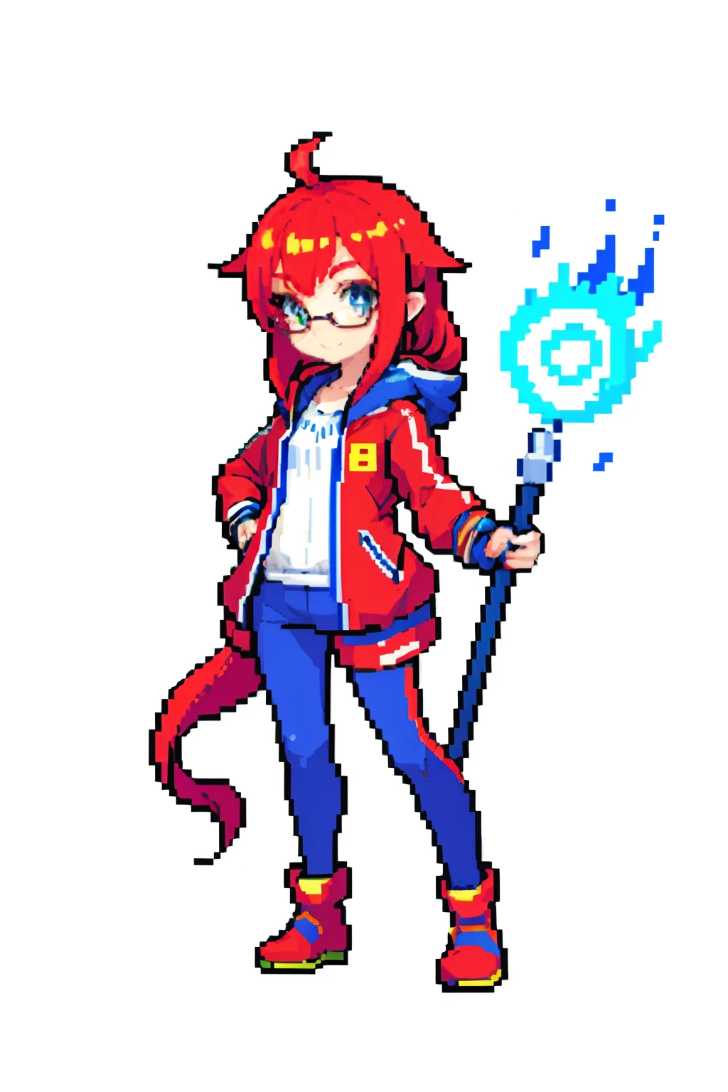 (tmasterpiece,top Quority,best qualtiy),pix,pixelart,girl,red tinted hair,s girl,Fiery personality,full bodyesbian,Cloak,Snow boots,white stockings,track suit,Holding a magic staff,Charming,Raised sexy,long whitr hair,wears glasses,It has a refined pixel style,It belongs to the game character design,The background color quality is relatively high,There are draft designs on the front and sides of the drawing