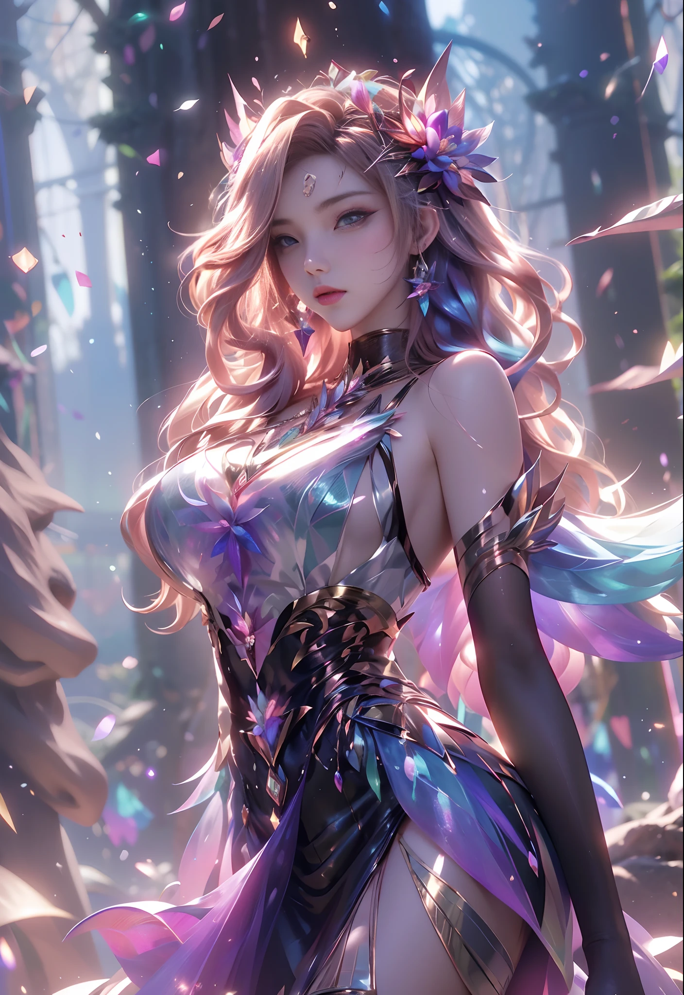 a beautiful woman, peach hair, Surrounded by trees, see-through dress, hair exploding into multicolored flowers, finely detailed features, intricate brush strokes, beautiful lighting, Cinematic, Color Grading, Depth of Field, intricate details, Unreal Engine, Character Concept Art, creative, expressive, stylized anatomy, digital art, 3D rendering, unique, award-winning, Adobe Photoshop, 3D Studio Max, well-developed concept, distinct personality, consistent style, HW*